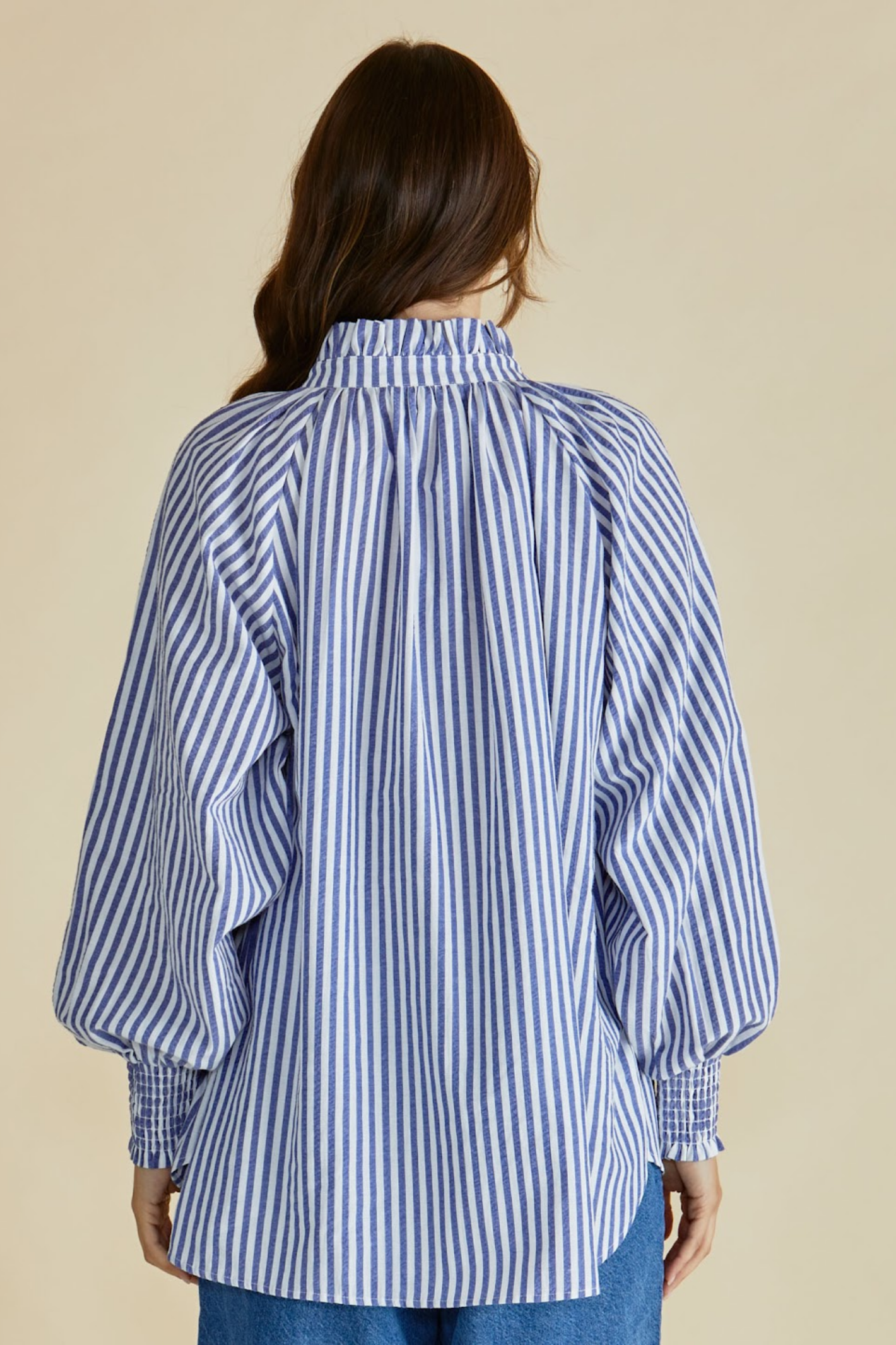 Dotique Betty Basics BB8500 Romi Shirt in navy stripe with frill collar and long sleeves