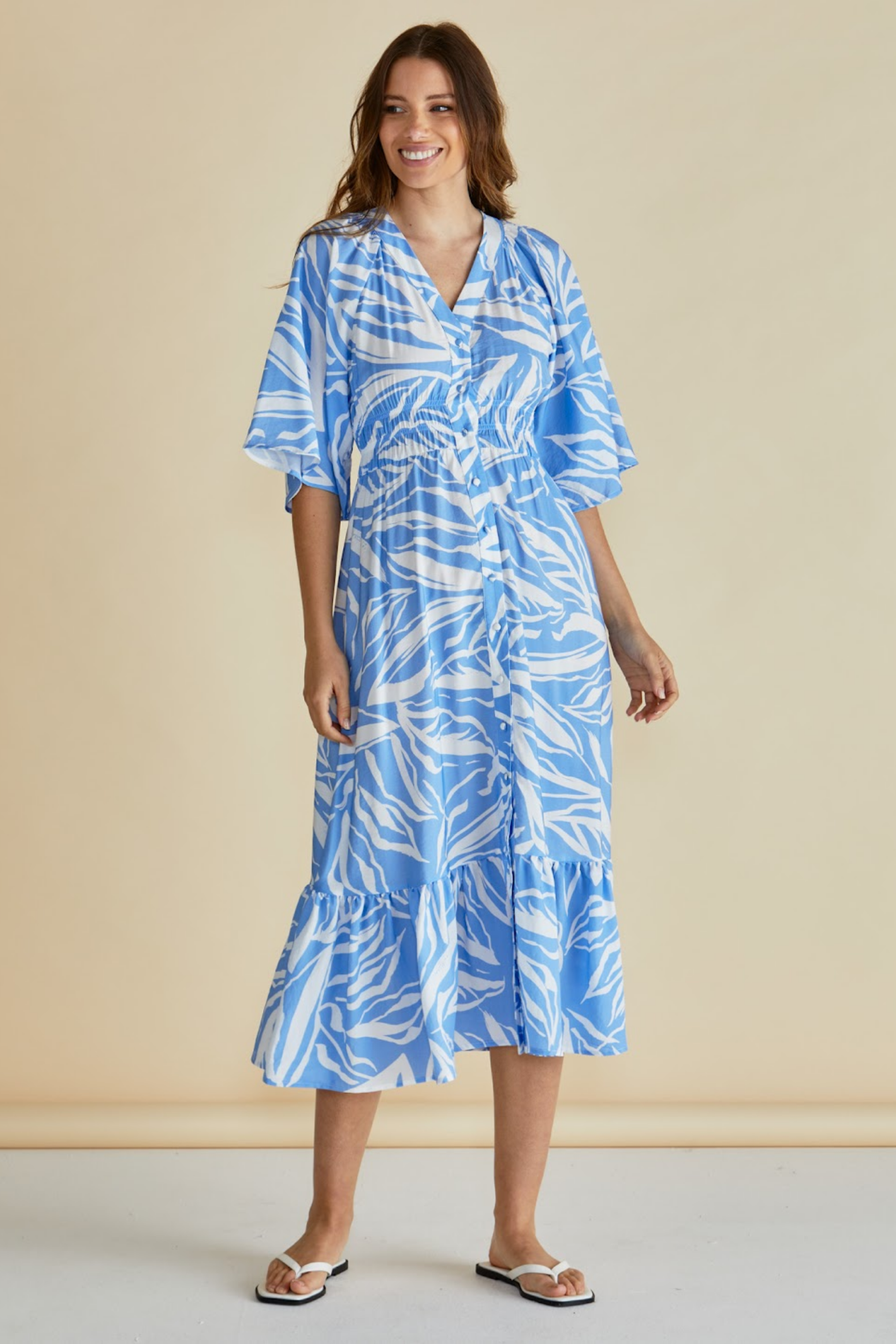 Dotique Betty Basics BB8510 Moxie Dress in blue abstract print with V-neckline