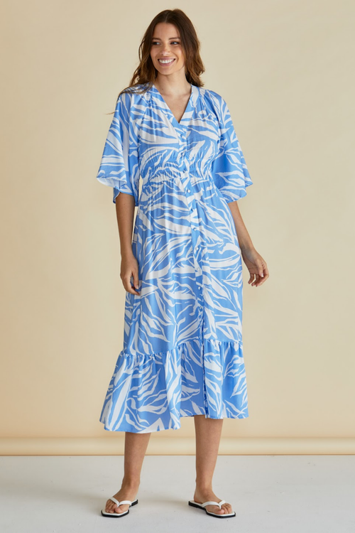 Dotique Betty Basics BB8510 Moxie Dress in blue abstract print with V-neckline