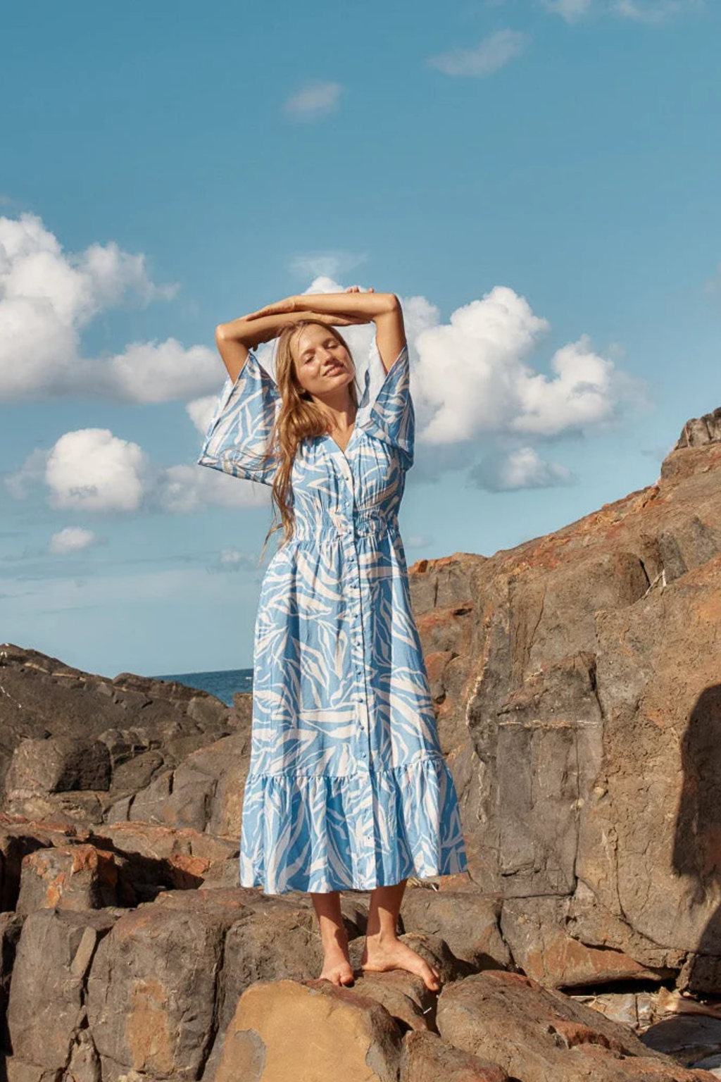 Dotique Betty Basics BB8510 Moxie Dress in blue abstract print with V-neckline