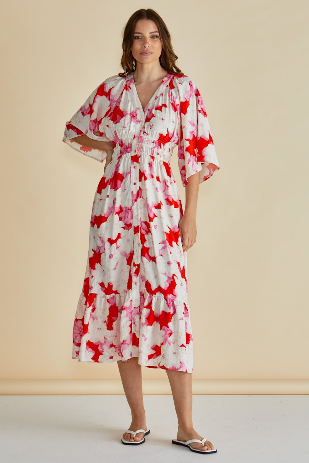 Dotique Betty Basics BB8510 Moxie Dress in red floral print with V-neckline