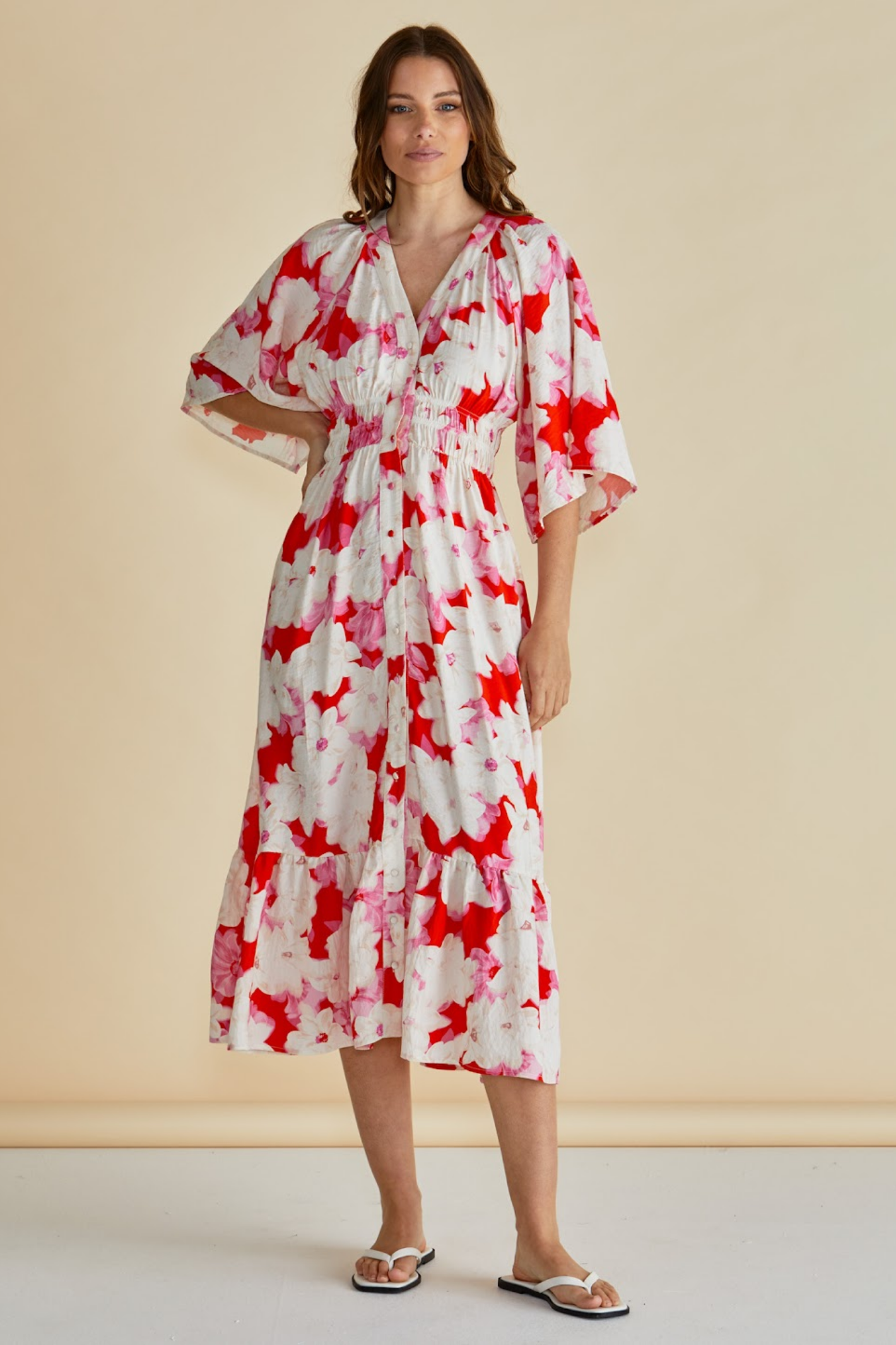 Dotique Betty Basics BB8510 Moxie Dress in red floral print with V-neckline
