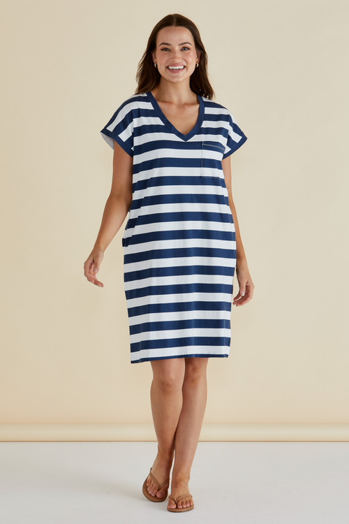 Betty Basics navy bold stripe Zena T-shirt dress with V-neck and short sleeves. Shop now at Dotique.
