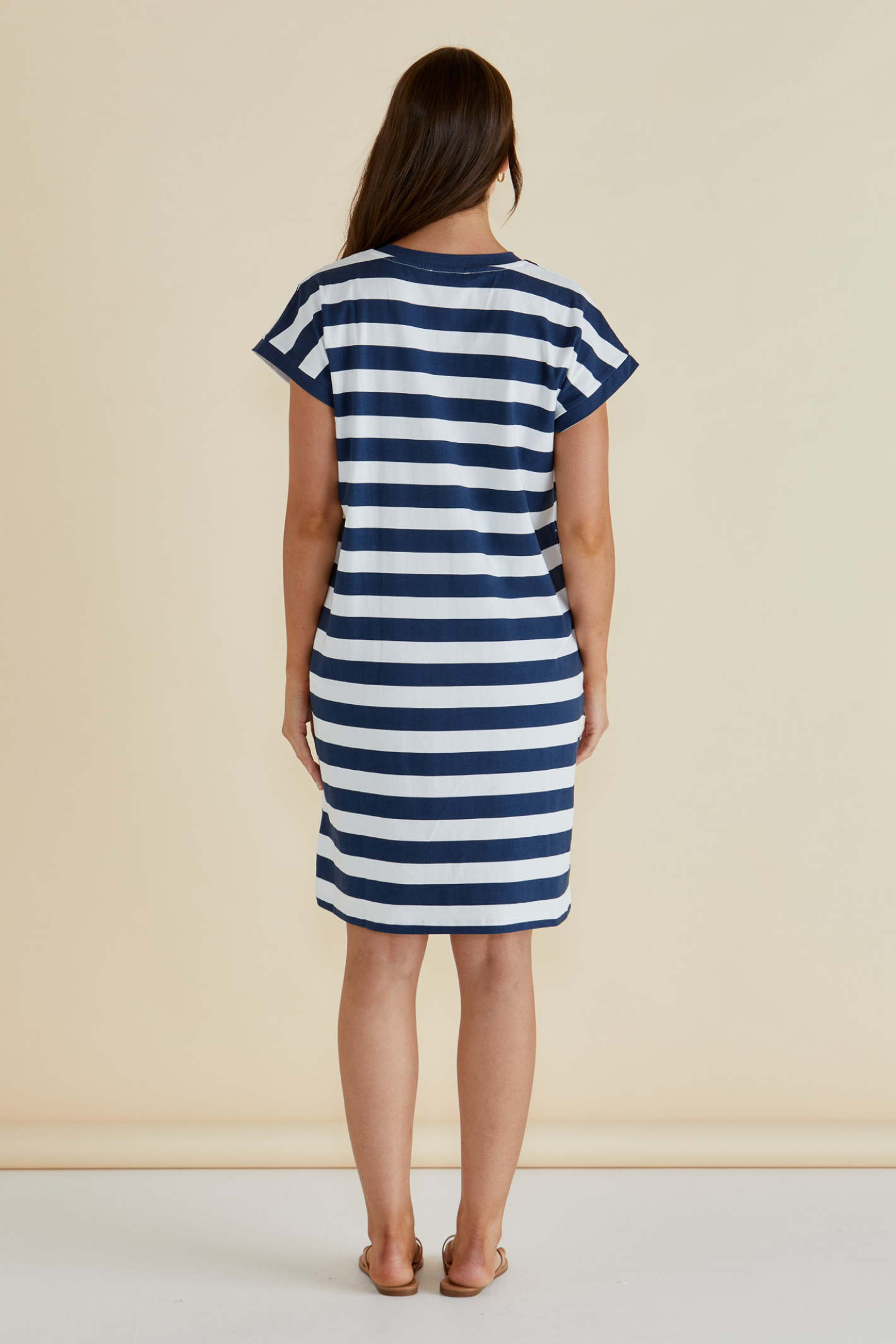 Betty Basics navy bold stripe Zena T-shirt dress with V-neck and short sleeves. Shop now at Dotique.