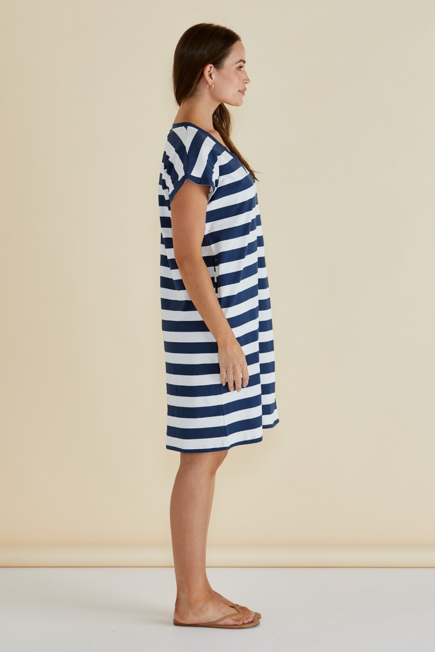 Betty Basics navy bold stripe Zena T-shirt dress with V-neck and short sleeves. Shop now at Dotique.
