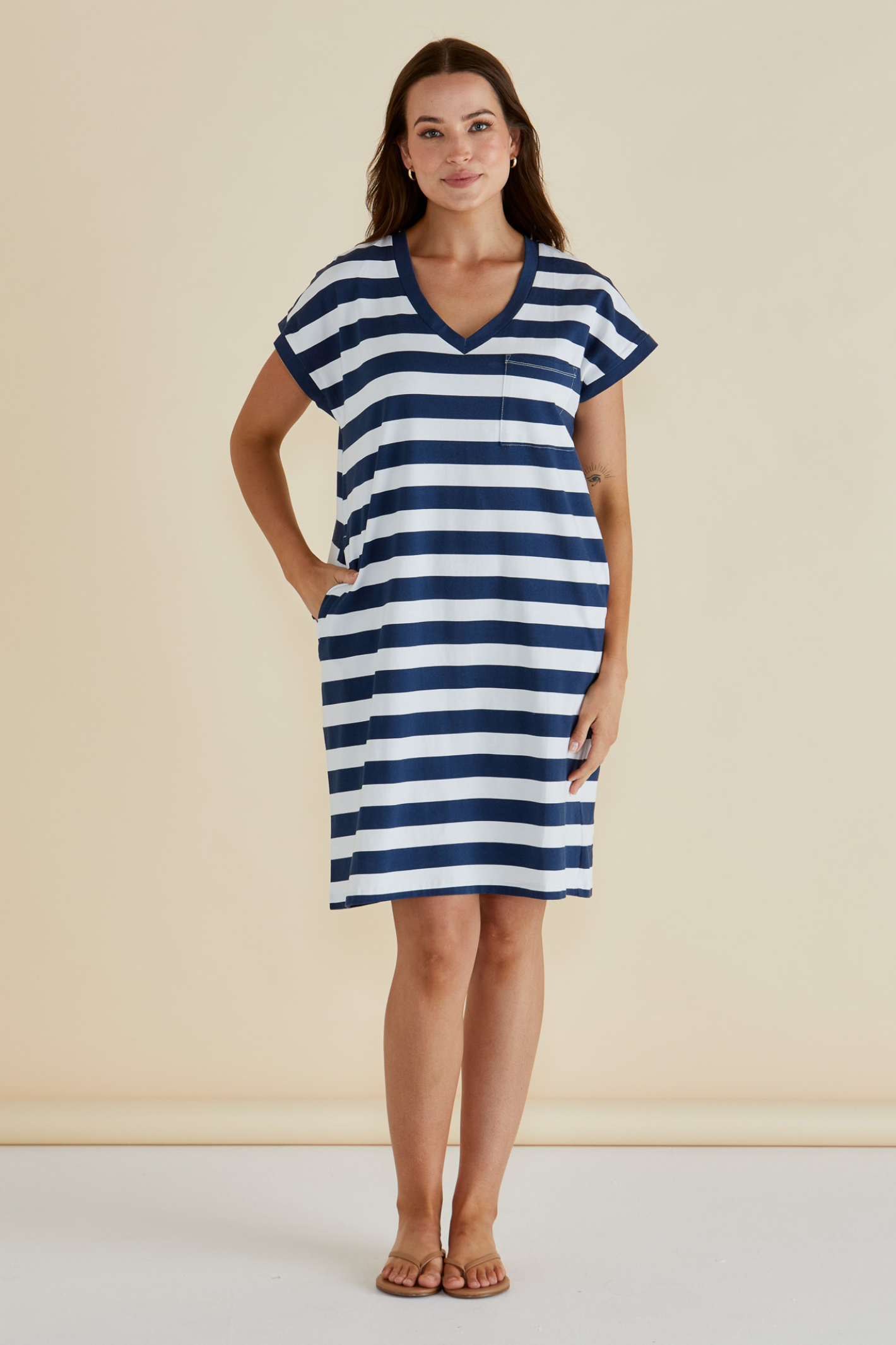 Betty Basics navy bold stripe Zena T-shirt dress with V-neck and short sleeves. Shop now at Dotique.
