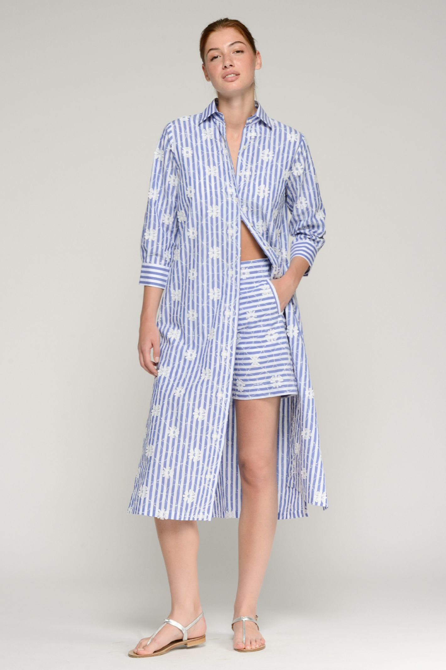 Vilagallo 33359 Blue Striped Shirt Dress with White Floral Print by Vilagallo, shop Vilagallo at Dotique.