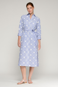 Model wearing Vilagallo 33359 Blue Striped Shirt Dress with White Floral Print by Vilagallo Shop Vilagallo at Dotique