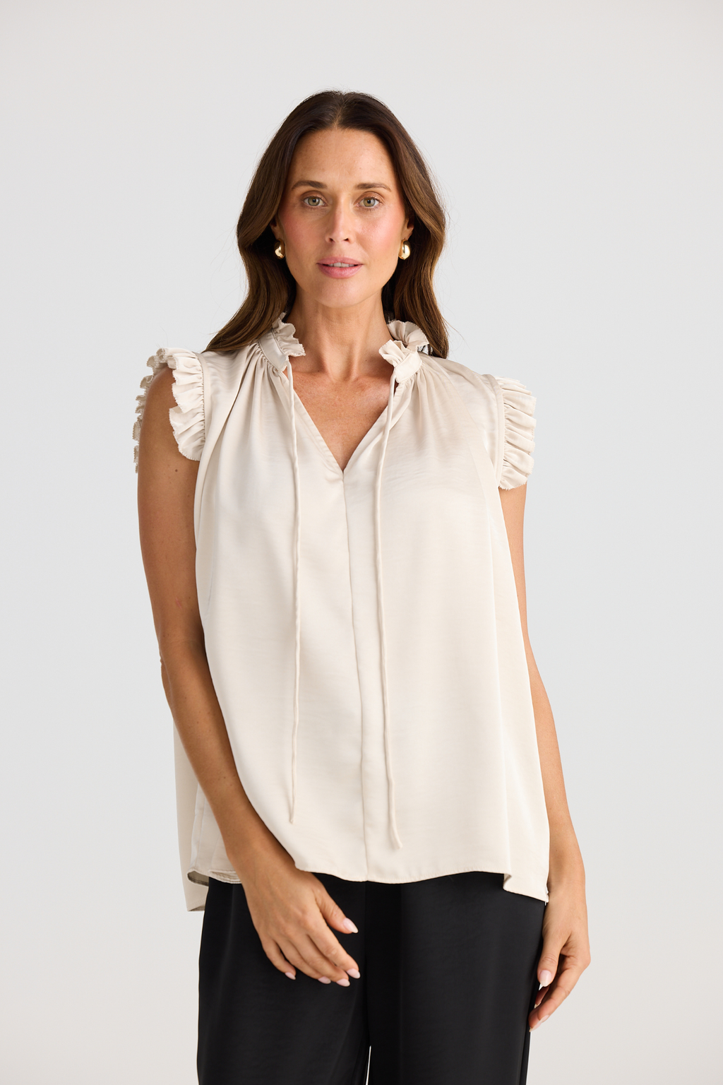 Dotique Brave + True BT25399 Broadway Top in oyster with keyhole neckline and ruffle trim