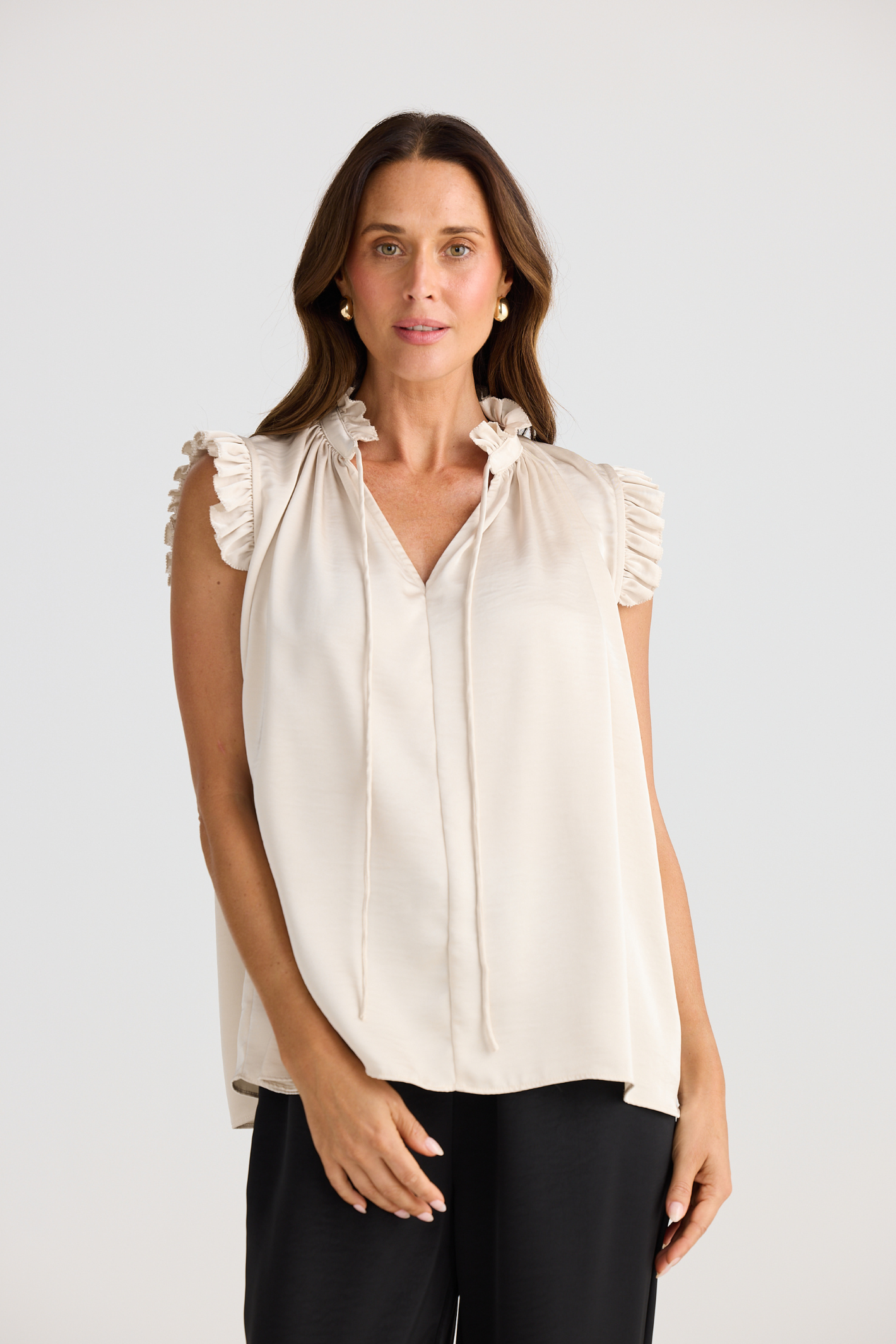 Dotique Brave + True BT25399 Broadway Top in oyster with keyhole neckline and ruffle trim