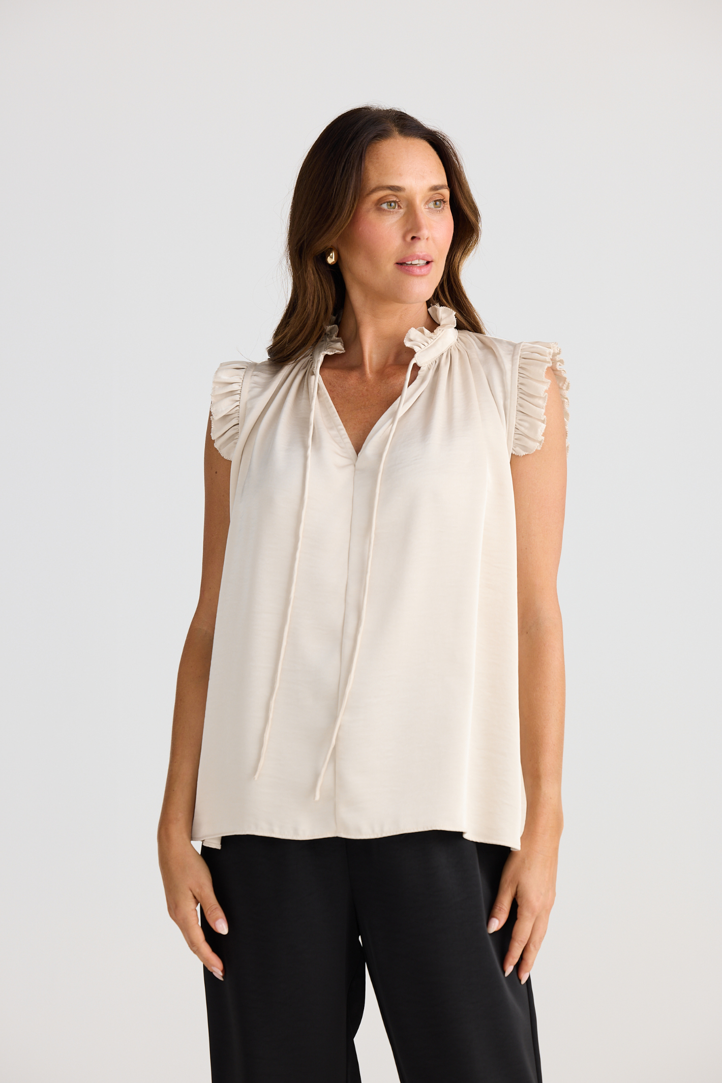 Dotique Brave + True BT25399 Broadway Top in oyster with keyhole neckline and ruffle trim