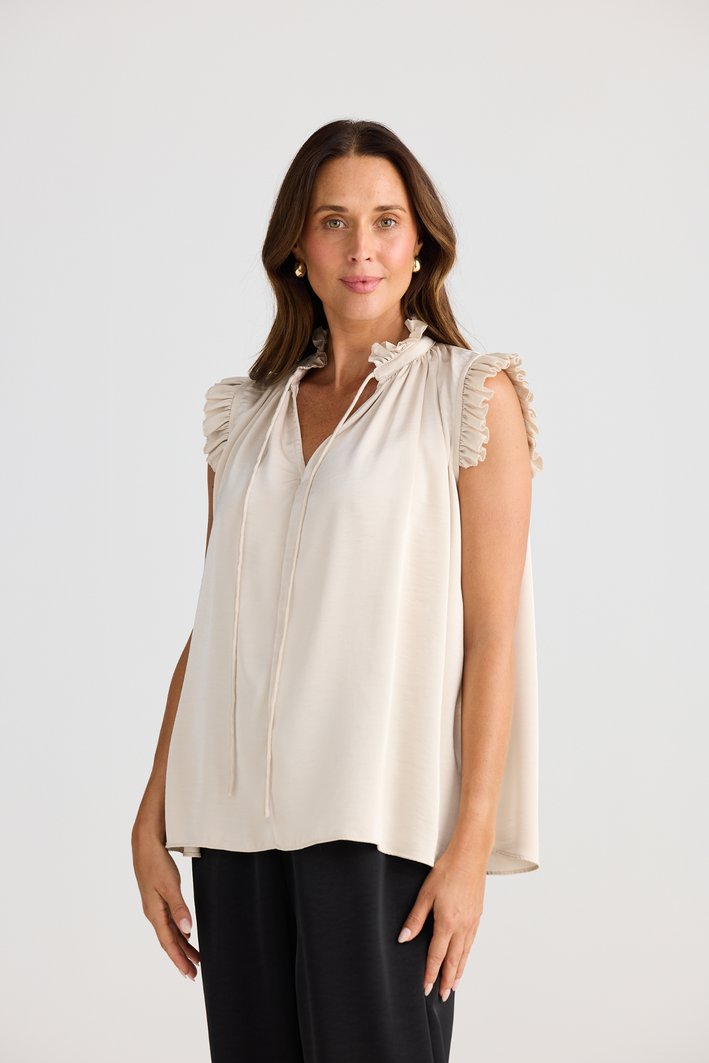Dotique Brave + True BT25399 Broadway Top in oyster with keyhole neckline and ruffle trim
