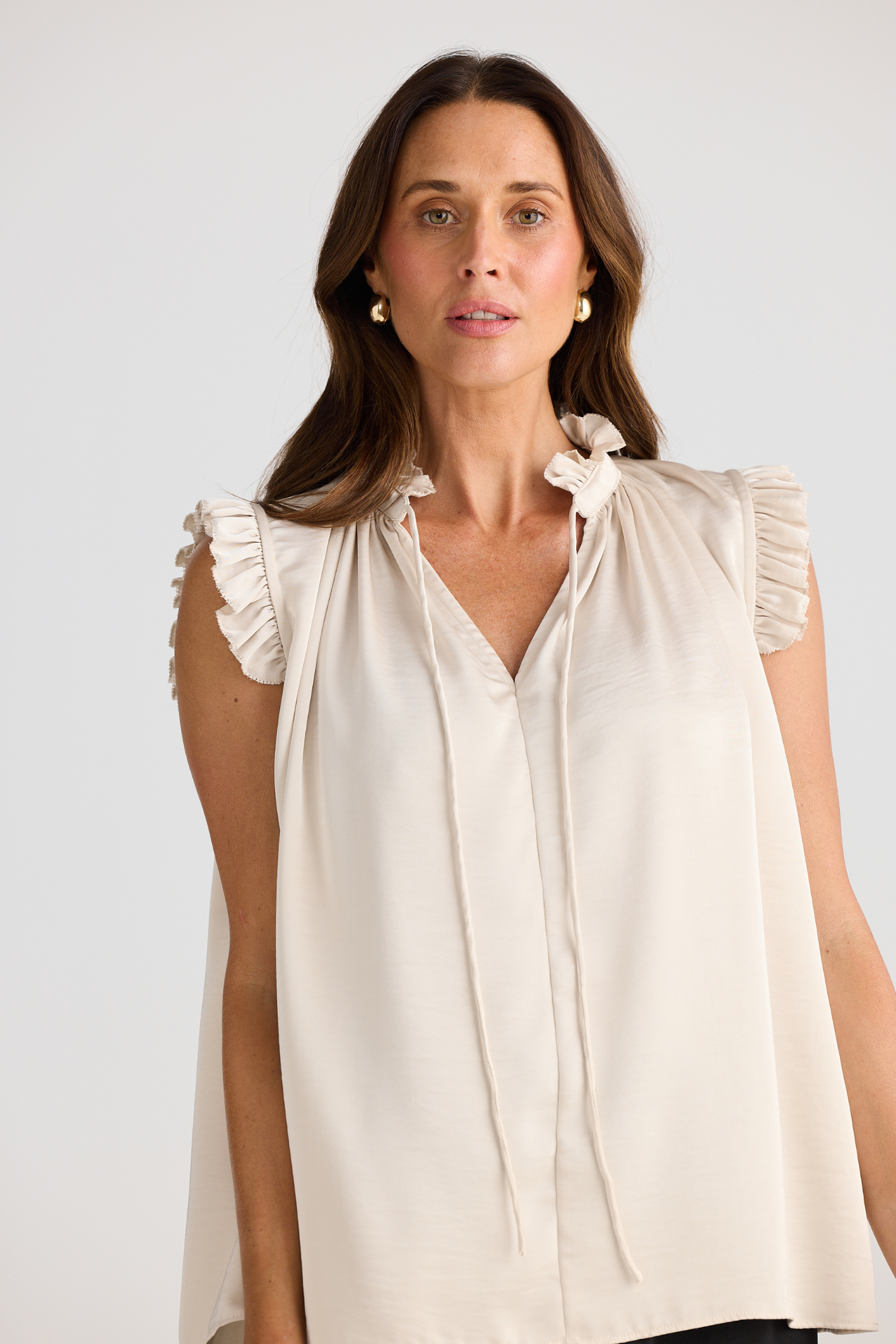 Dotique Brave + True BT25399 Broadway Top in oyster with keyhole neckline and ruffle trim