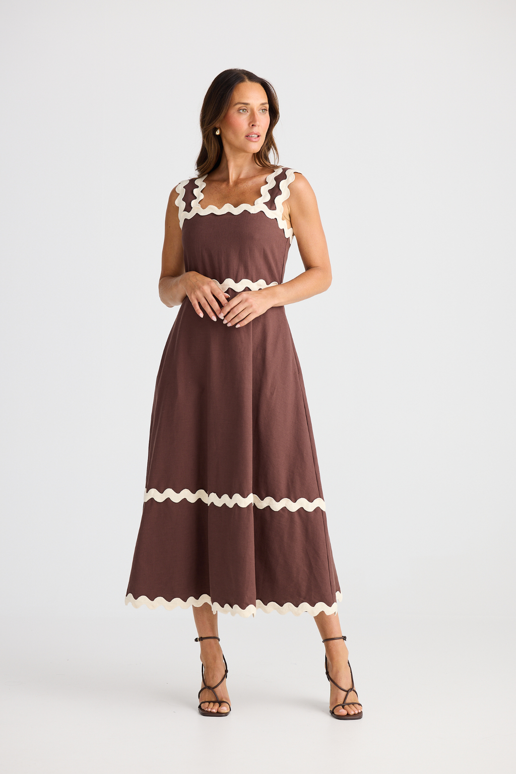 Brave + True Marlo Midi Dress in chocolate. A-line midi dress with square neckline, ric rac trim and breathable cotton linen blend. Shop at Dotique.