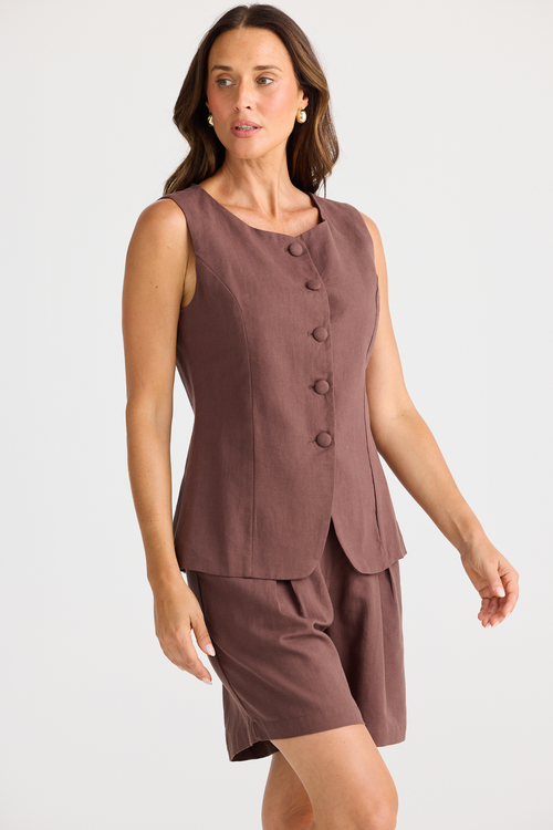 Dotique Brave + True BT25425 Eden Waistcoat in chocolate with round neckline and back waist adjuster