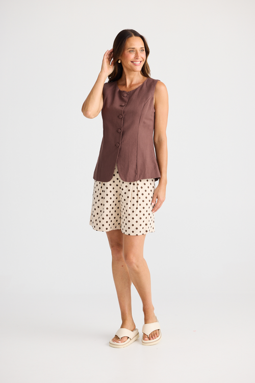 Dotique Brave + True BT25425 Eden Waistcoat in chocolate with round neckline and back waist adjuster