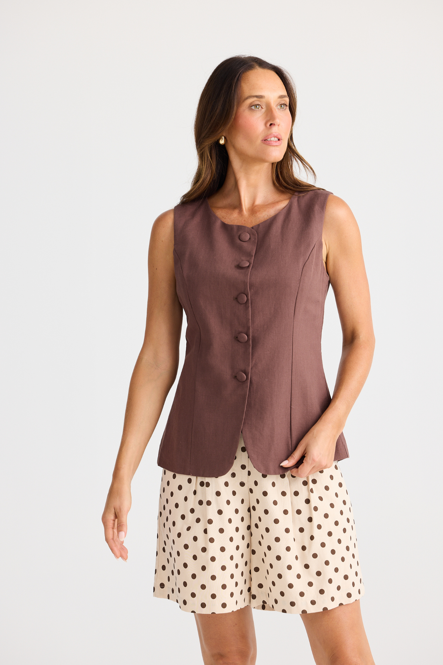 Dotique Brave + True BT25425 Eden Waistcoat in chocolate with round neckline and back waist adjuster