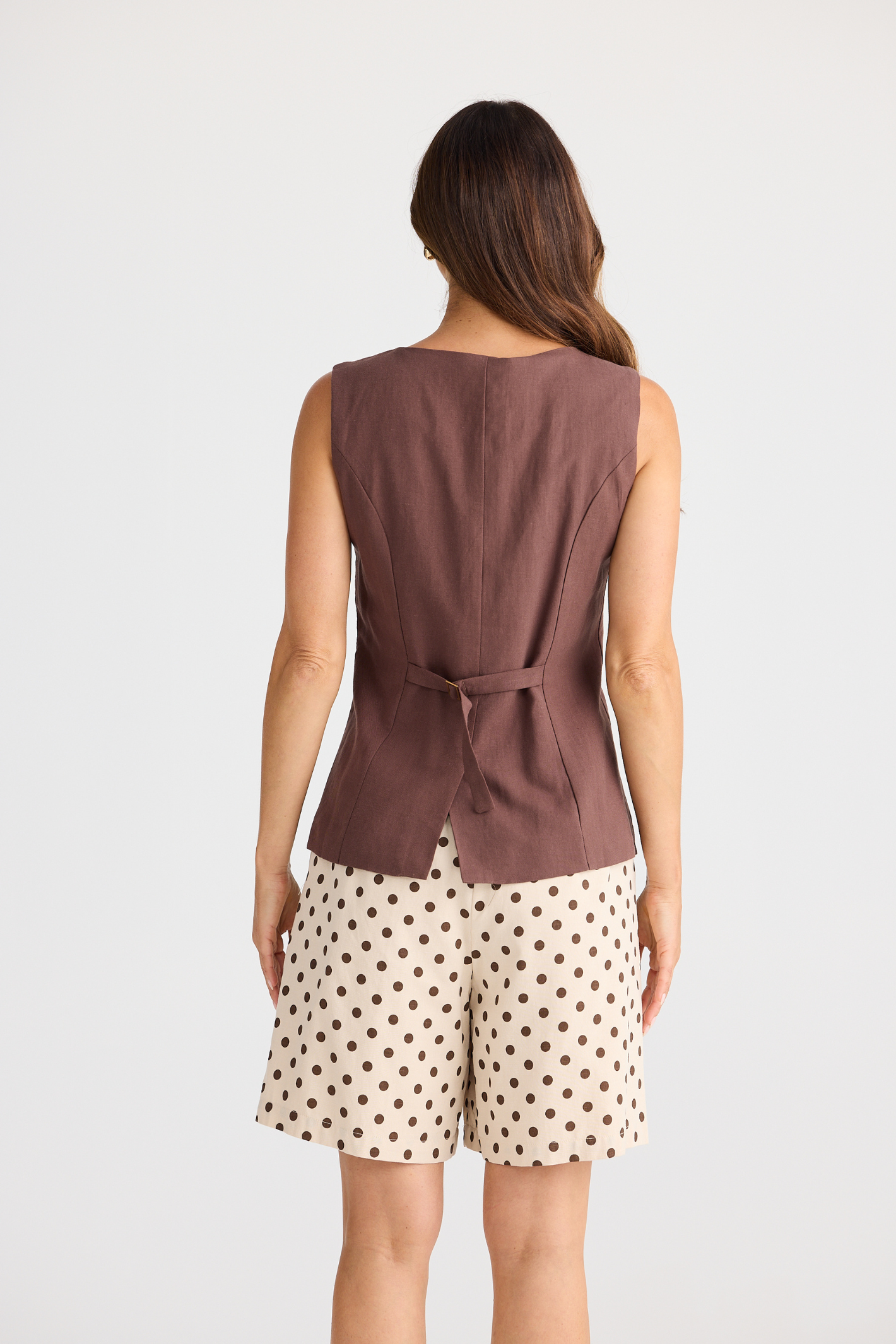 Dotique Brave + True BT25425 Eden Waistcoat in chocolate with round neckline and back waist adjuster