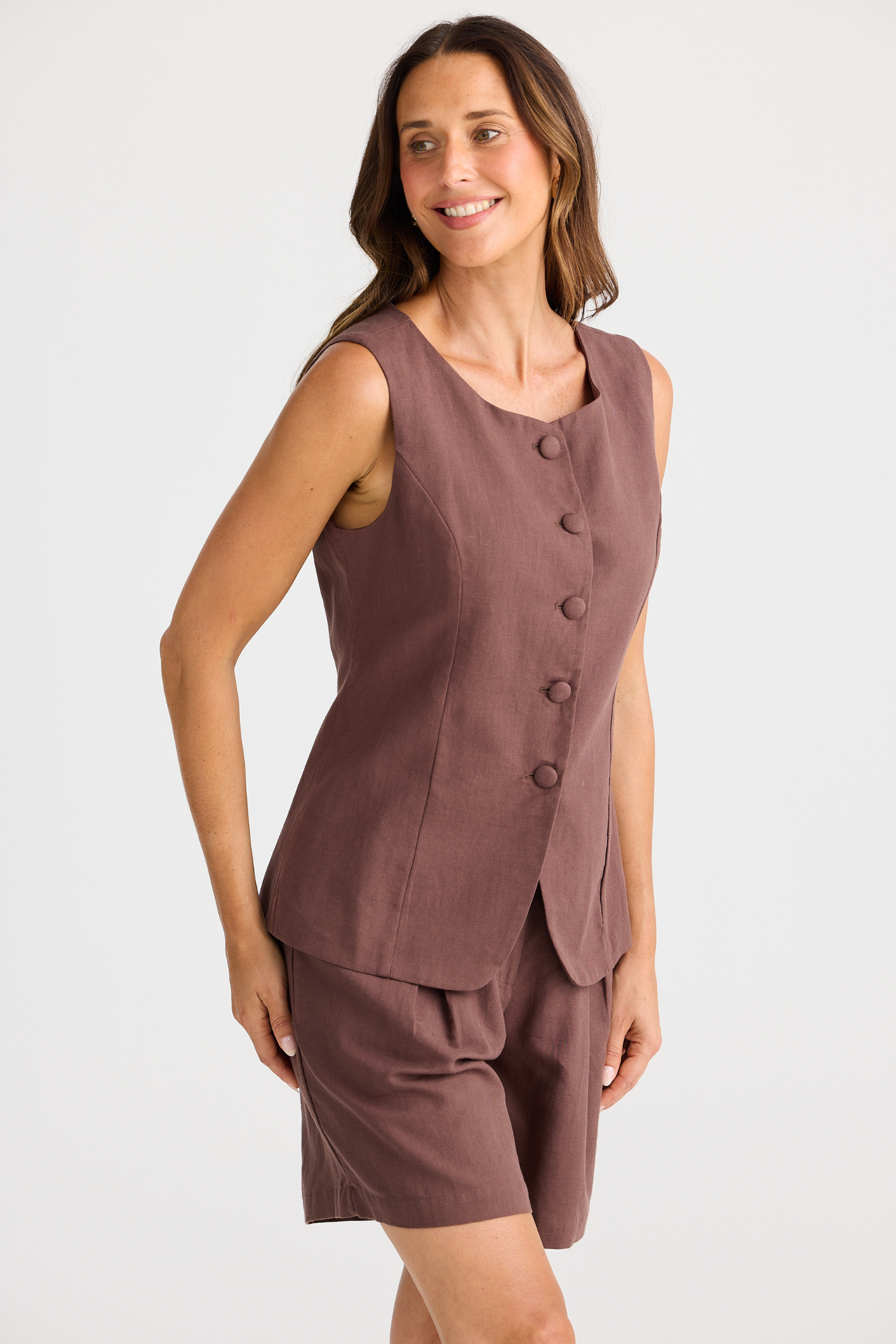 Dotique Brave + True BT25425 Eden Waistcoat in chocolate with round neckline and back waist adjuster