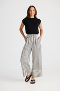 Brave + True Portia Pant in black stripe. Wide-leg trousers with elasticated waist, drawstring and side pockets. Shop at Dotique.