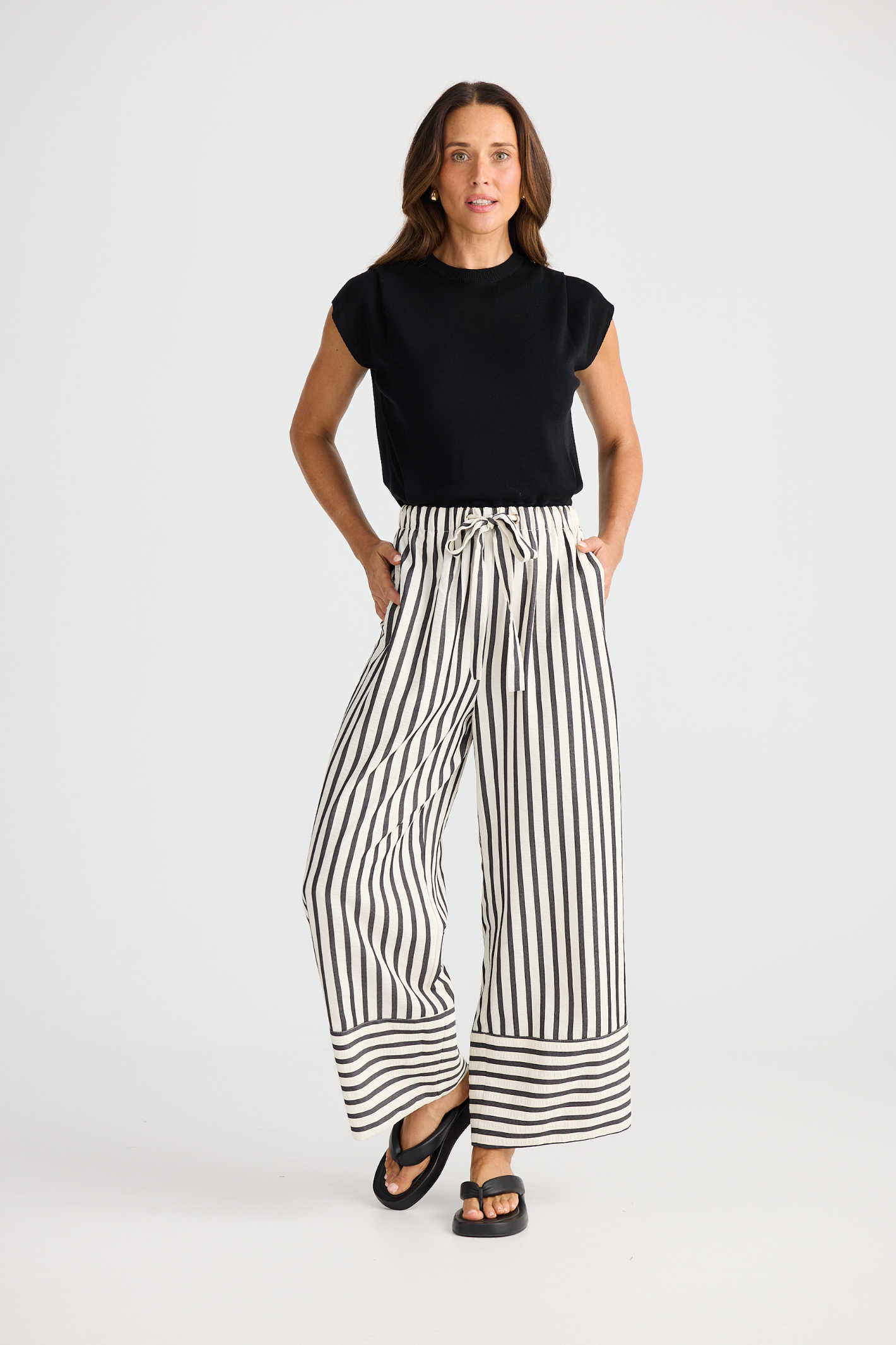 Brave + True Portia Pant in black stripe. Wide-leg trousers with elasticated waist, drawstring and side pockets. Shop at Dotique.