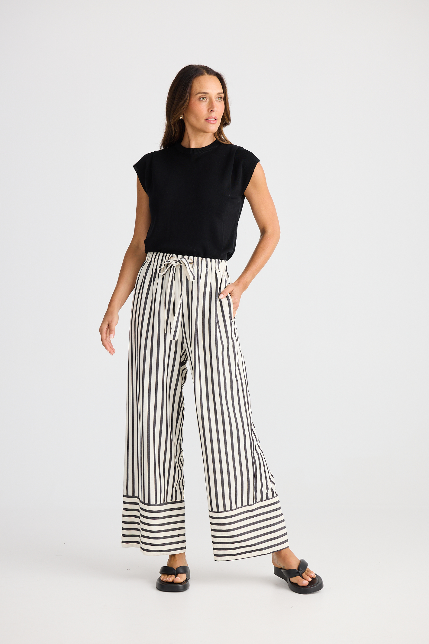 Brave + True Portia Pant in black stripe. Wide-leg trousers with elasticated waist, drawstring and side pockets. Shop at Dotique.
