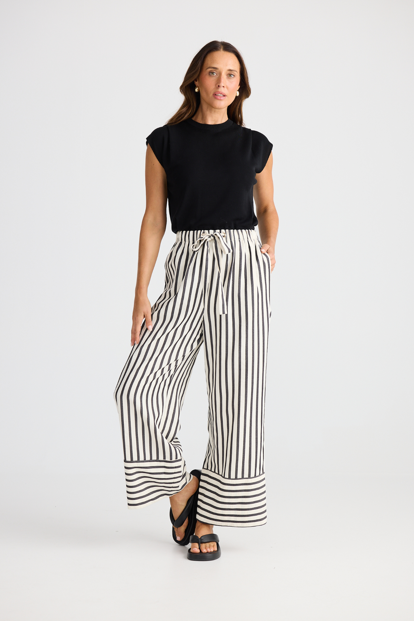 Brave + True Portia Pant in black stripe. Wide-leg trousers with elasticated waist, drawstring and side pockets. Shop at Dotique.