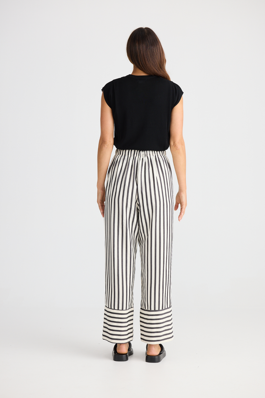 Brave + True Portia Pant in black stripe. Wide-leg trousers with elasticated waist, drawstring and side pockets. Shop at Dotique.