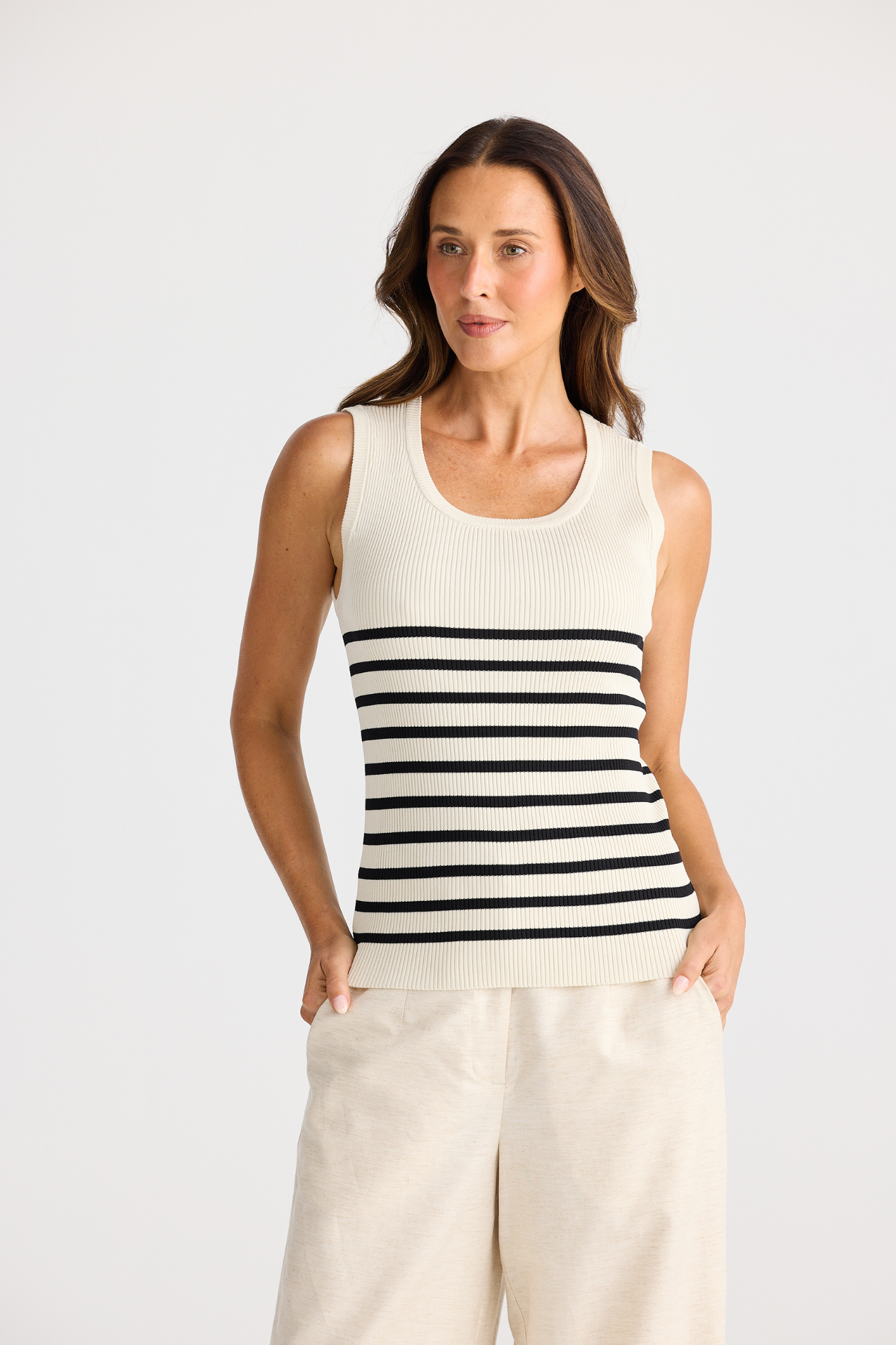 Dotique Brave + True BT25464 Amba Tank in ecru with black stripe and ribbed neckline