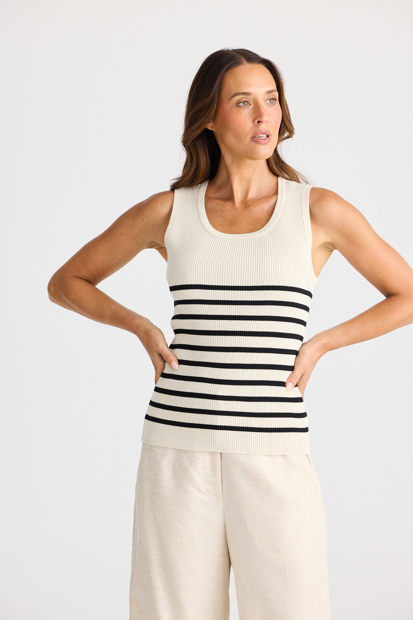 Dotique Brave + True BT25464 Amba Tank in ecru with black stripe and ribbed neckline