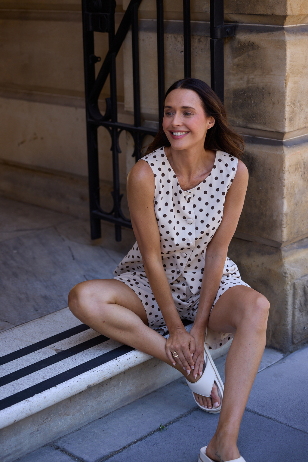 Dotique Brave + True Eden Waistcoat in chocolate with white polka dots