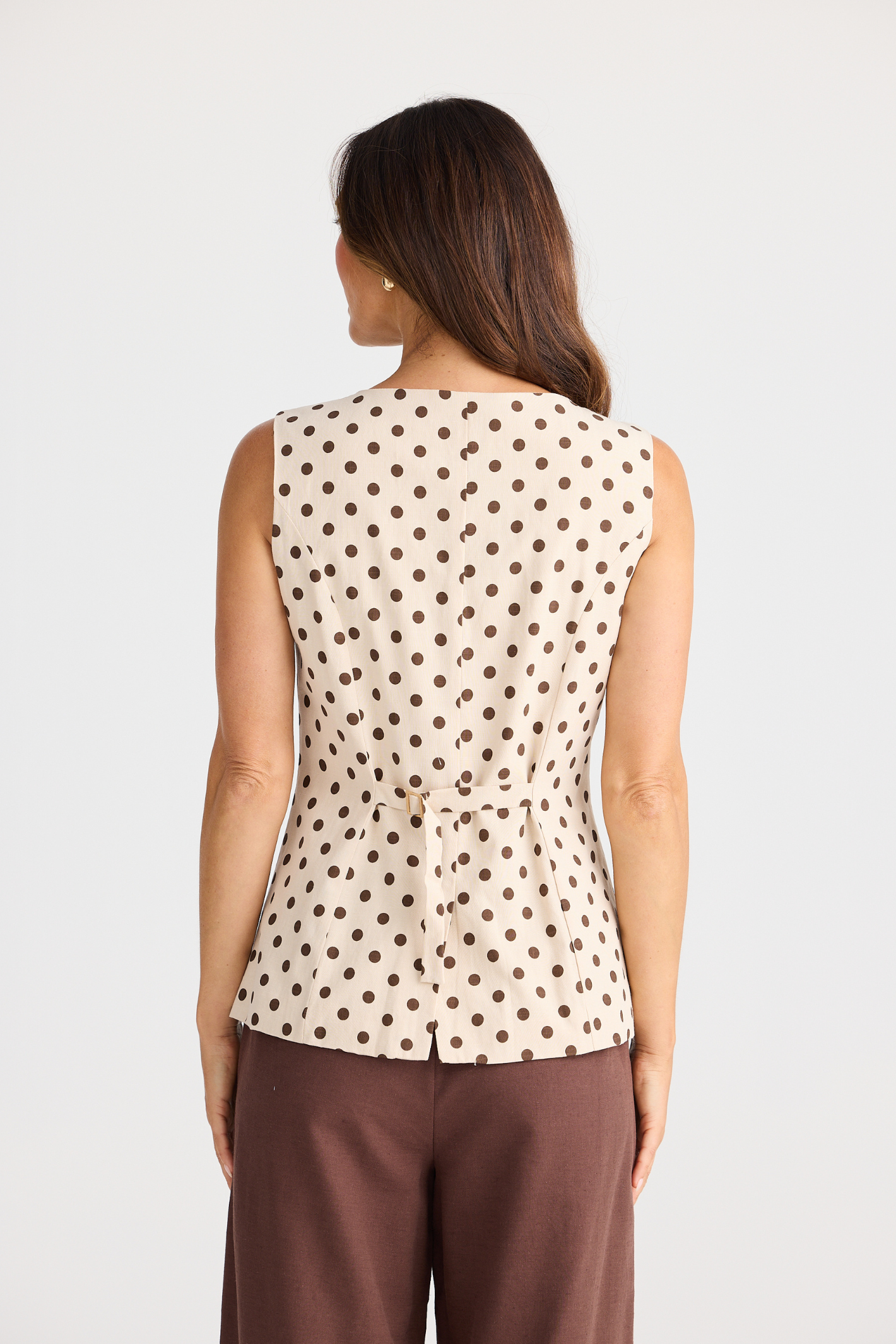 Dotique Brave + True Eden Waistcoat in chocolate with white polka dots