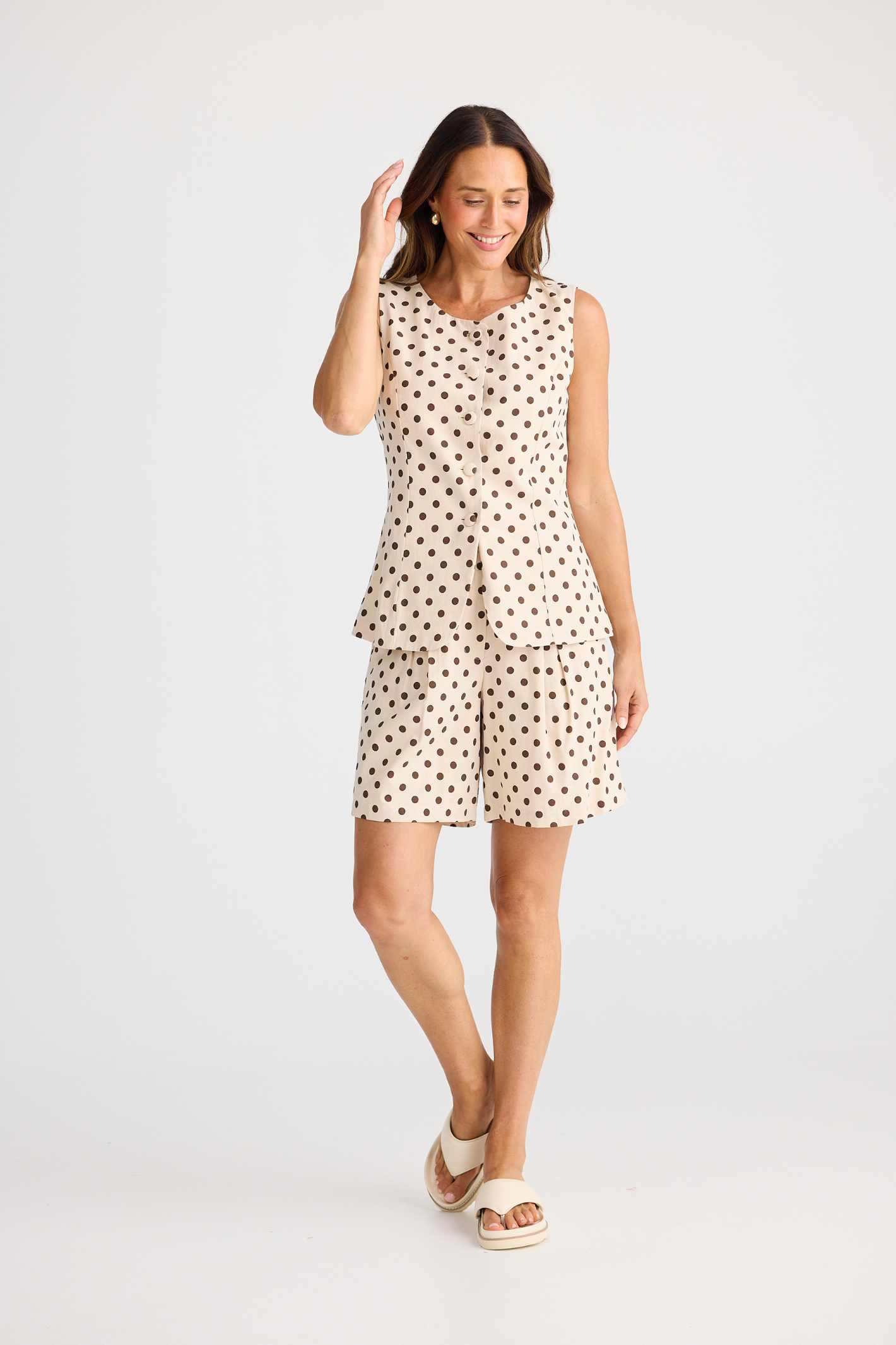 Dotique Brave + True Eden Waistcoat in chocolate with white polka dots