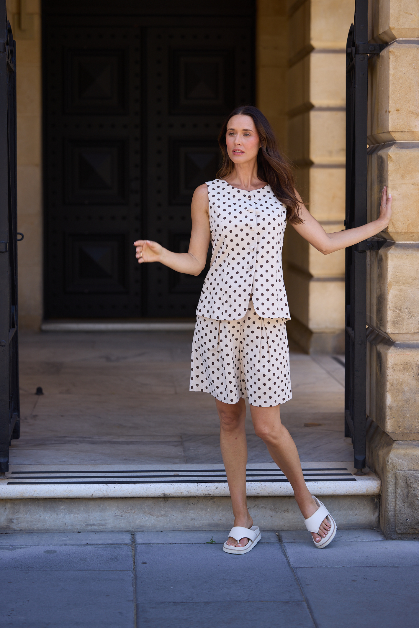 Dotique Brave + True Eden Waistcoat in chocolate with white polka dots