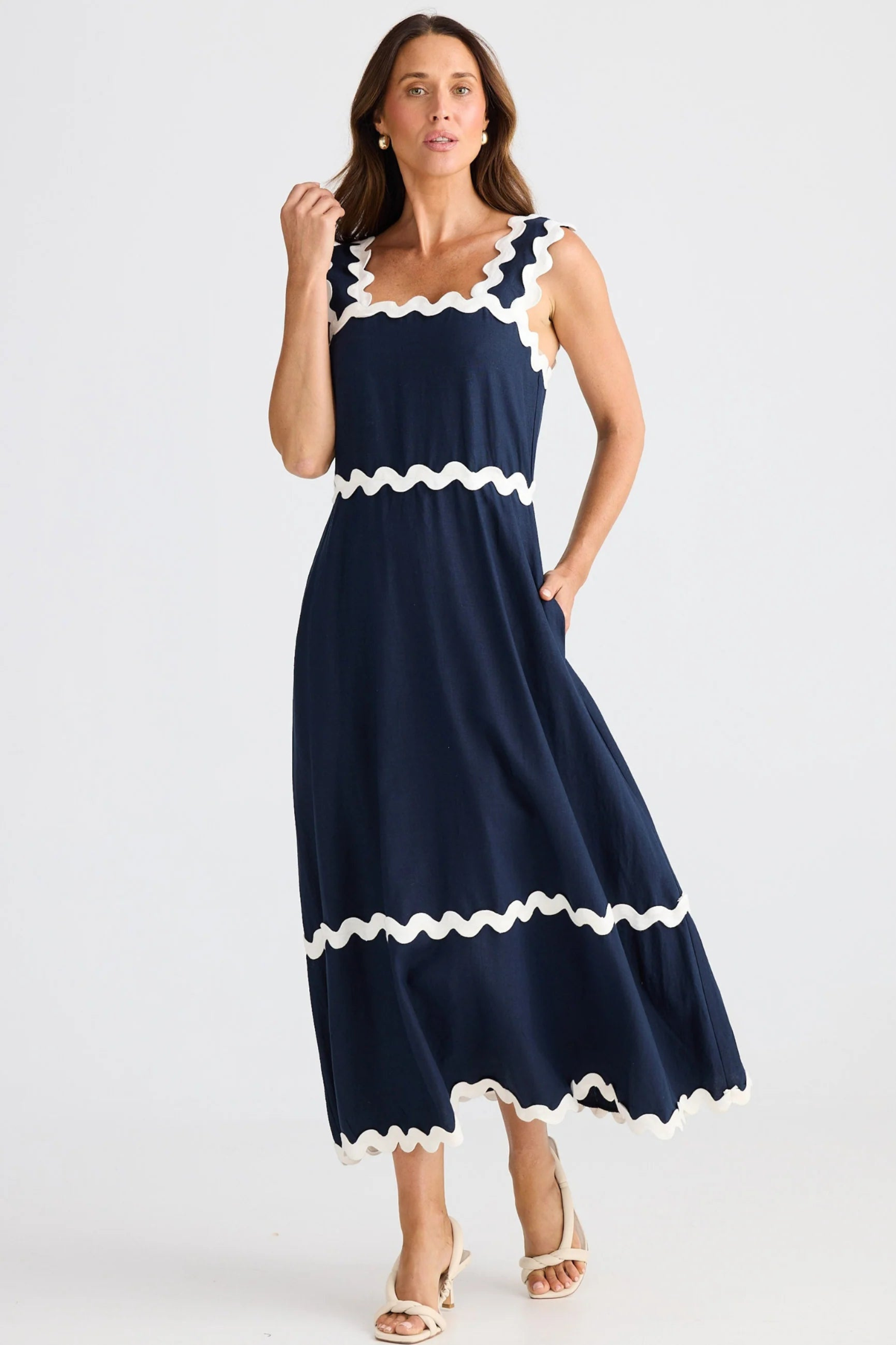 Dotique Brave + True Marlo Midi Dress in navy with ric rac trim and square neckline
