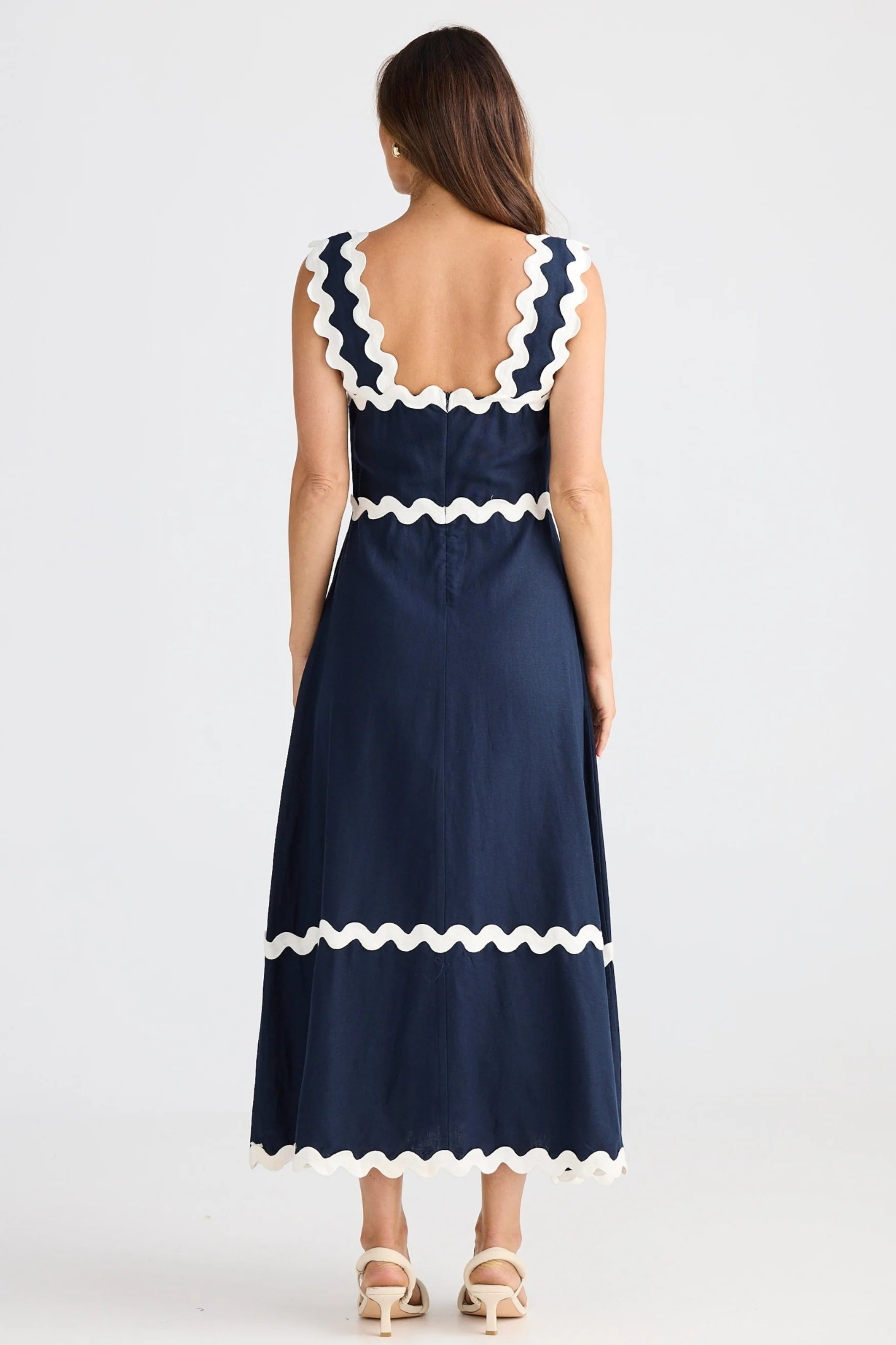 Dotique Brave + True Marlo Midi Dress in navy with ric rac trim and square neckline