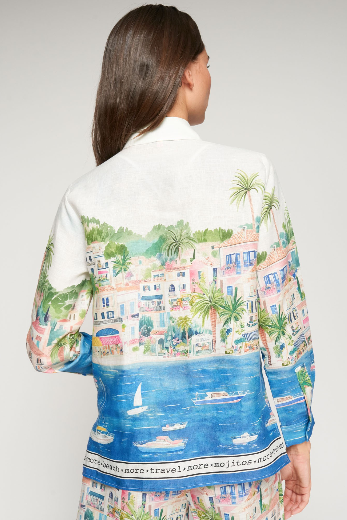 Rear view of Vilagallo 33566 Coastal City Print Linen Shirt by vilagallo shop vilagallo at Dotique with detailed coastal design