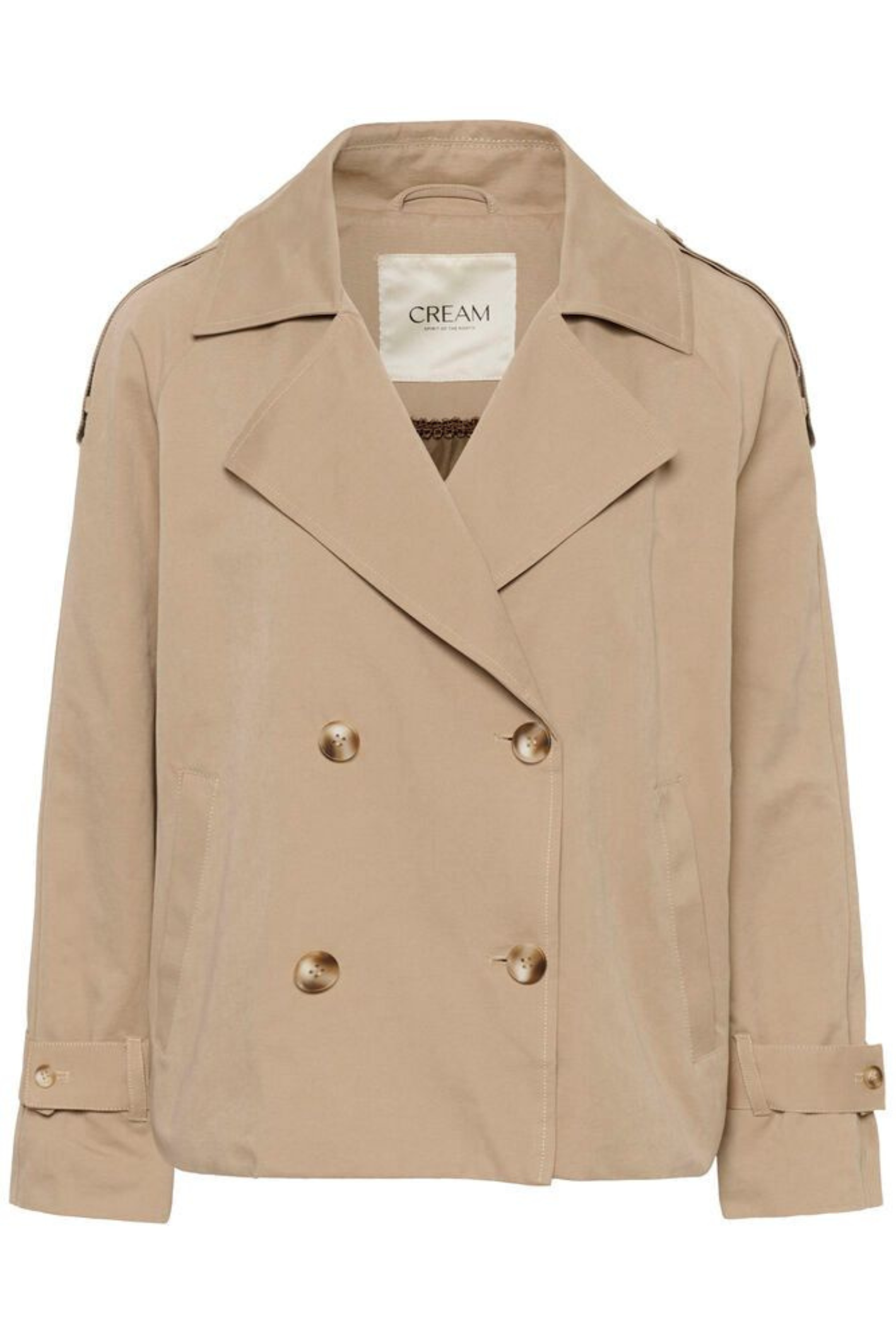 Cream CRDrookie short trenchcoat in savannah tan. A relaxed fit, hip-length woven jacket with long sleeves. Easy everyday layering from Dotique.