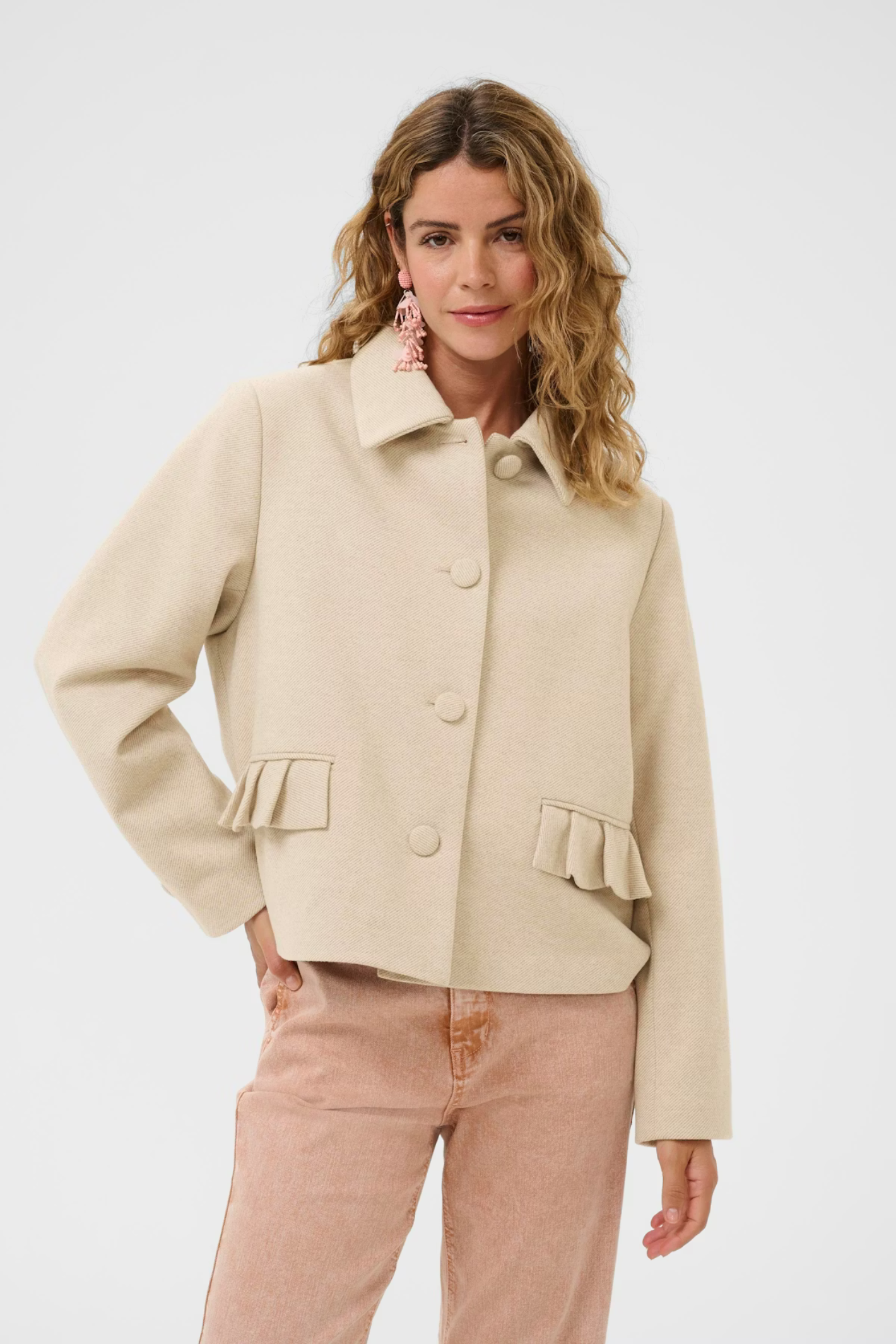 Cream CRCessie Short Coat in savannah tan melange. A-shape, hip-length coat with long sleeves for effortless everyday styling. Shop at Dotique.