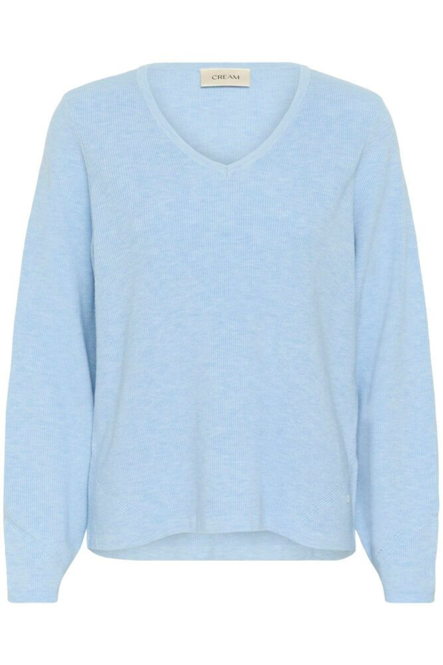 Cream CRDela Knit Blouse in cashmere blue. A relaxed fit knitted top with a soft V-neck and long sleeves. Easy everyday style from Dotique.