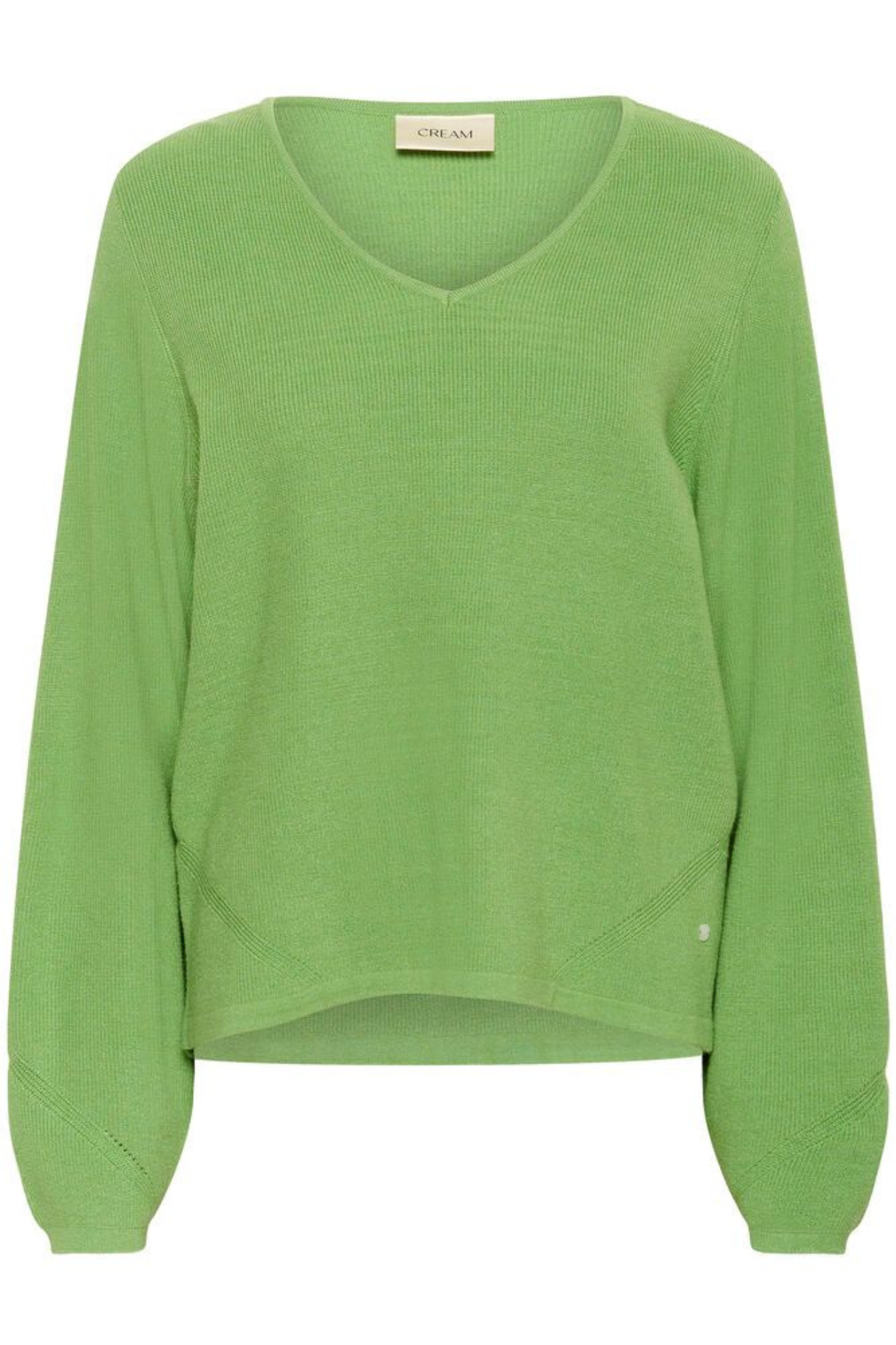Cream CRDela Knit Blouse in jade green. A relaxed fit knitted top with a soft V-neck and long sleeves. Easy everyday style from Dotique.
