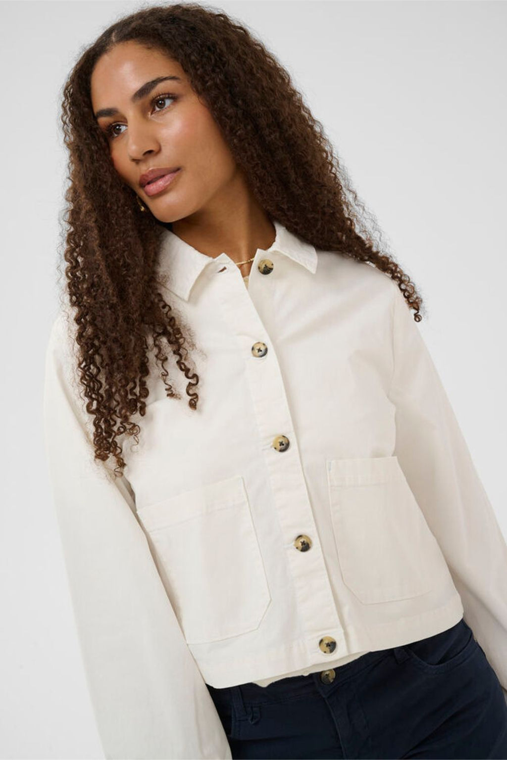 Woman wearing Cream 10614741 CRBerta Twill Jacket Snow White by Cream, shop the vendor at Dotique online store.