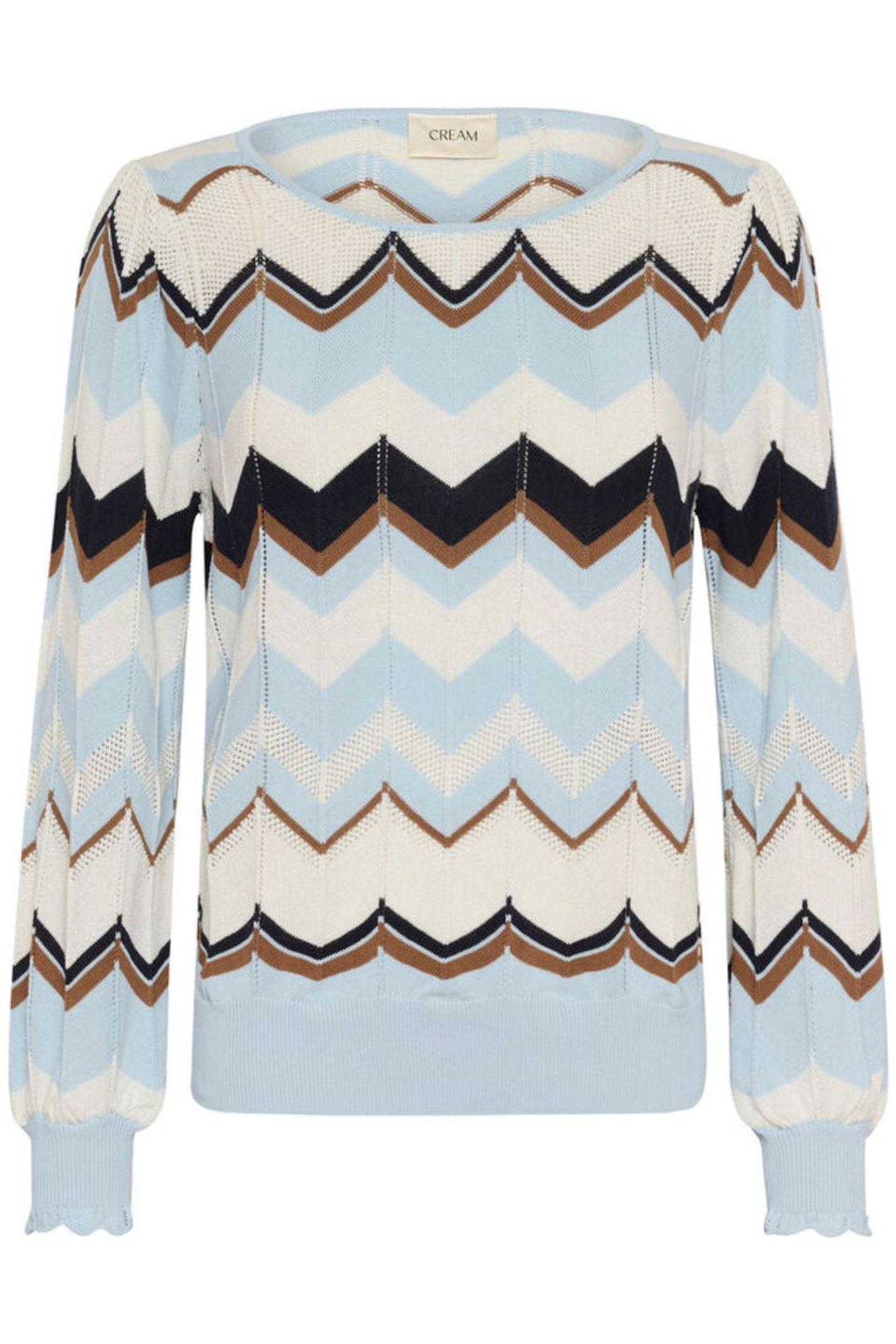 Zigzag knit jumper in cashmere blue by Cream. Soft, lightweight and easy to wear for everyday style. Shop now at Dotique.
