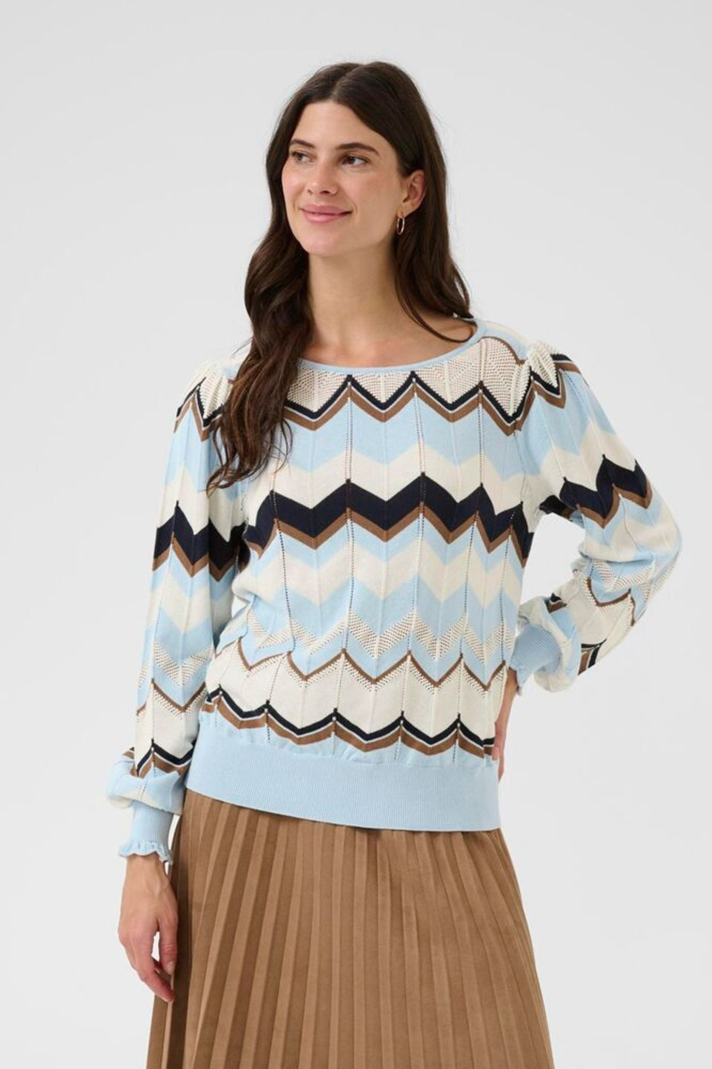 Zigzag knit jumper in cashmere blue by Cream. Soft, lightweight and easy to wear for everyday style. Shop now at Dotique.