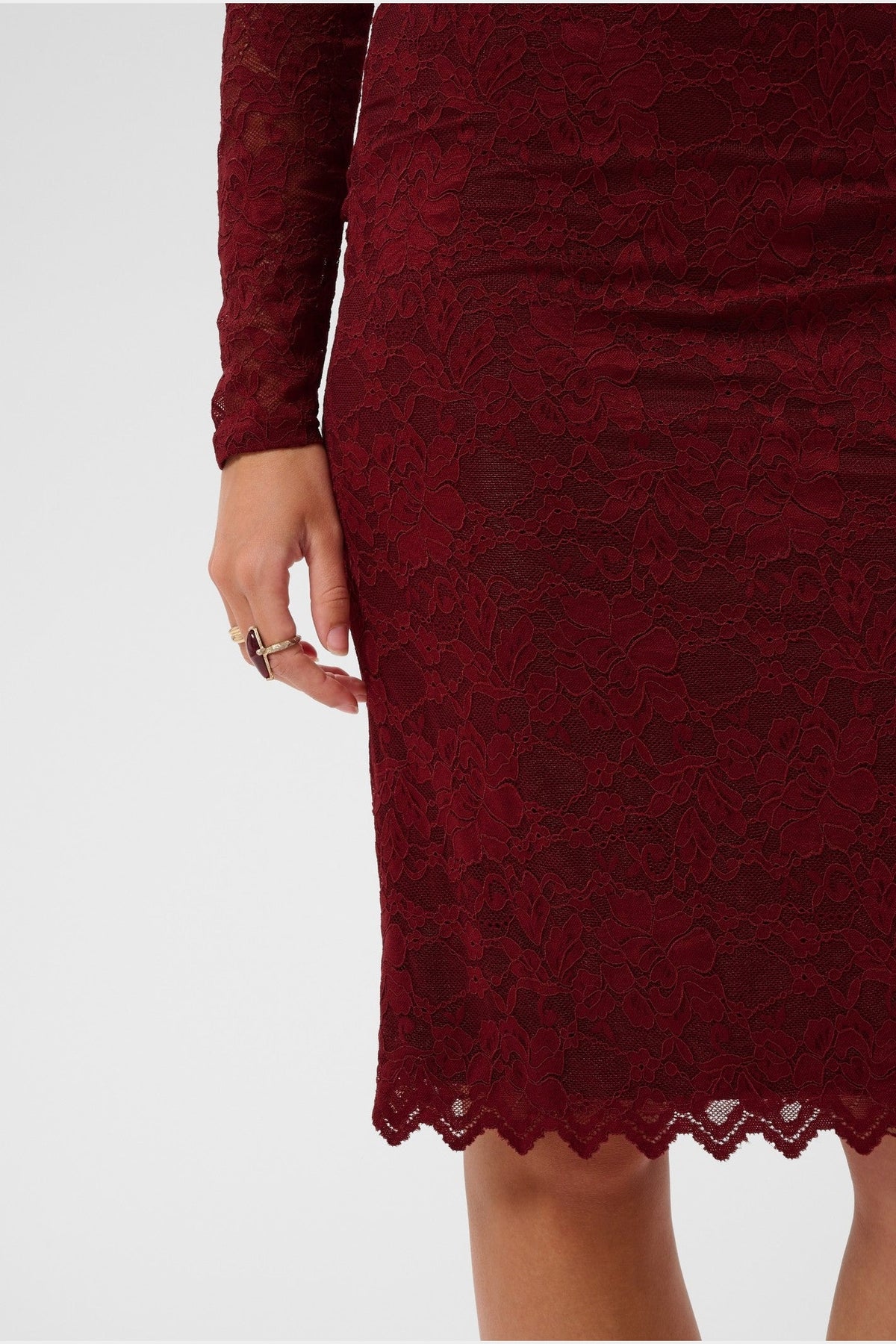Cream CRPitia lace dress in Cabernet, lace and hem detail – shop Cream at Dotique