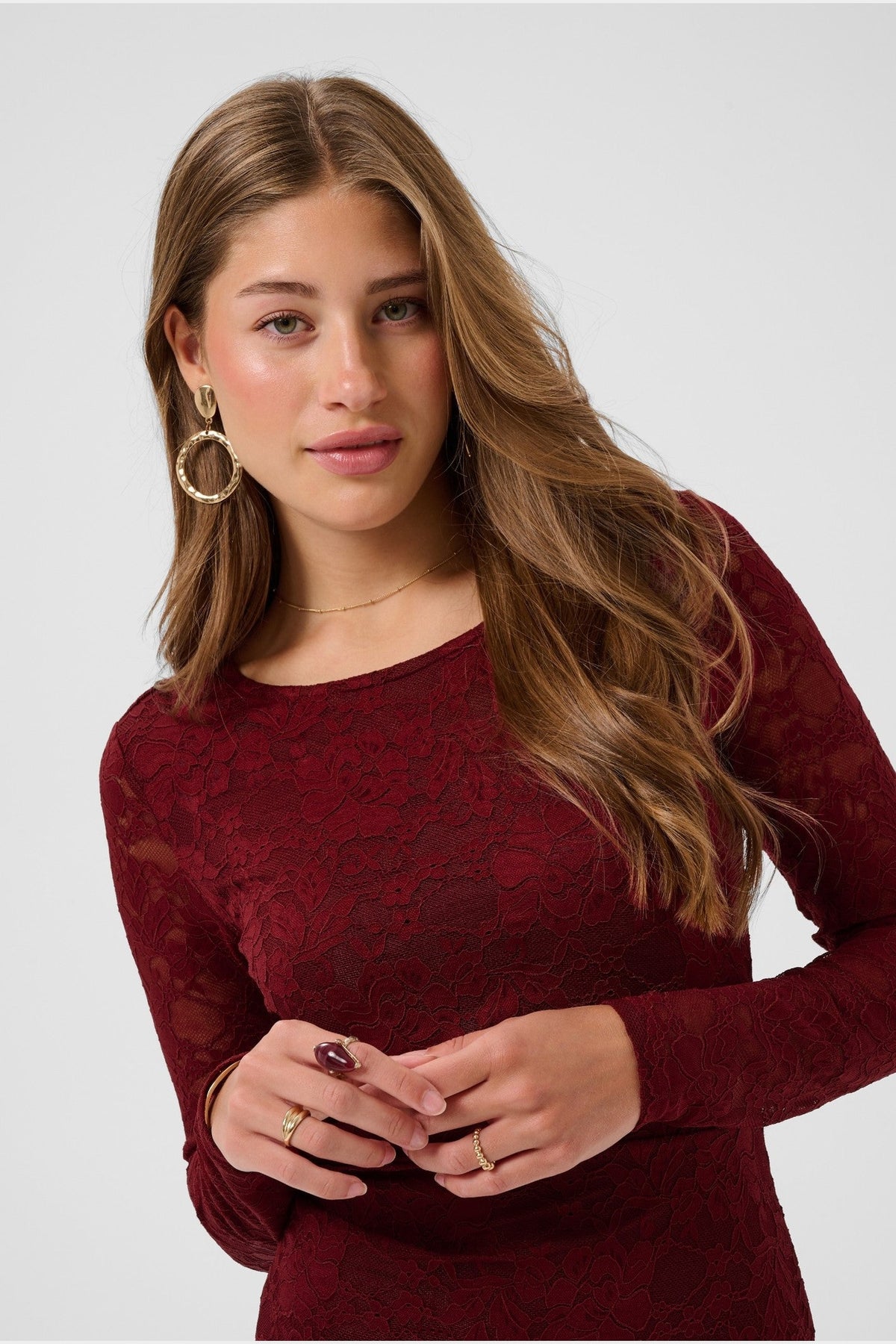 Cream CRPitia lace dress in Cabernet, neckline and sleeve detail – shop Cream at Dotique
