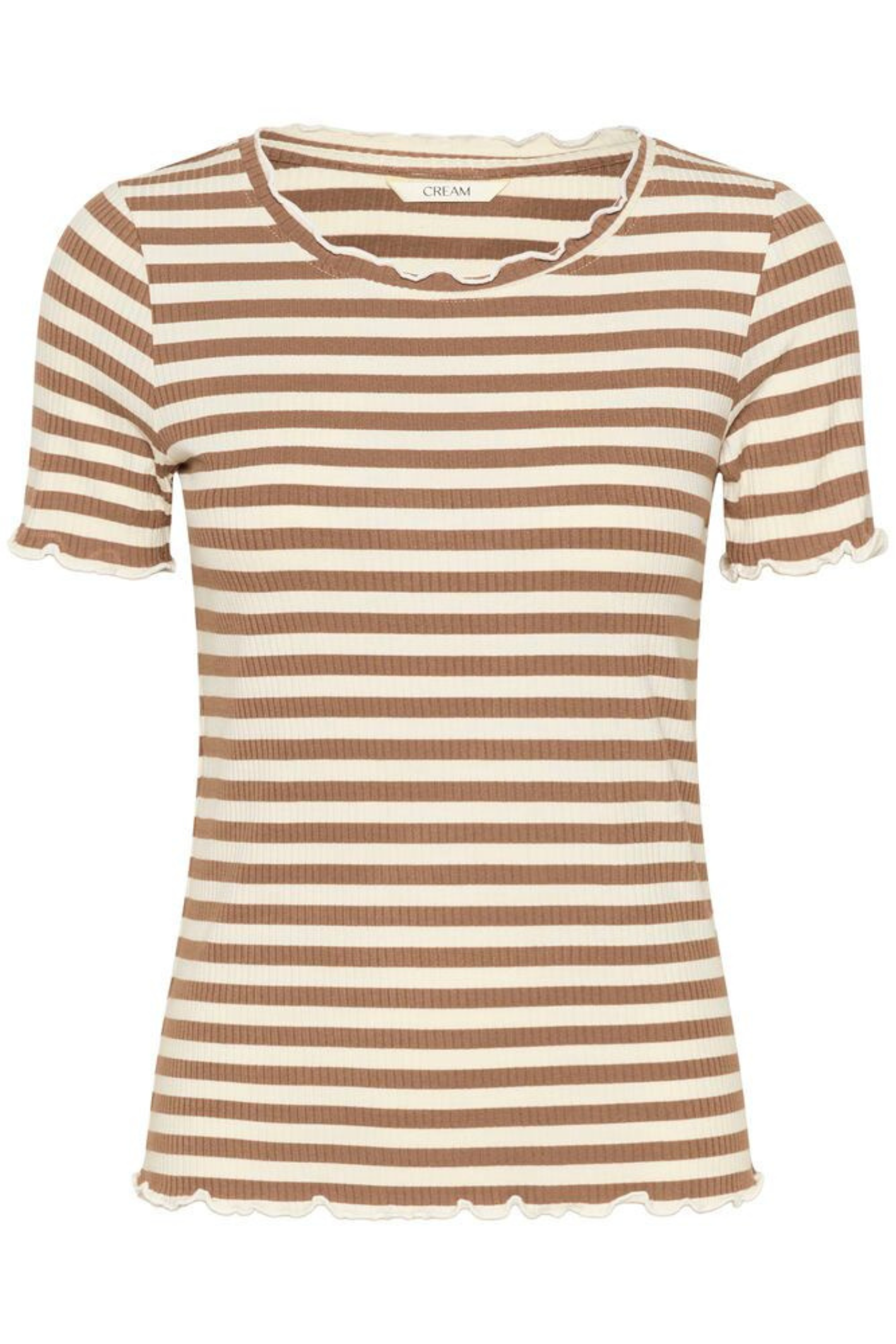 Striped ribbed t-shirt in cocoa and crème by Cream. Soft, stretchy and easy to wear for everyday outfits. Shop now at Dotique.