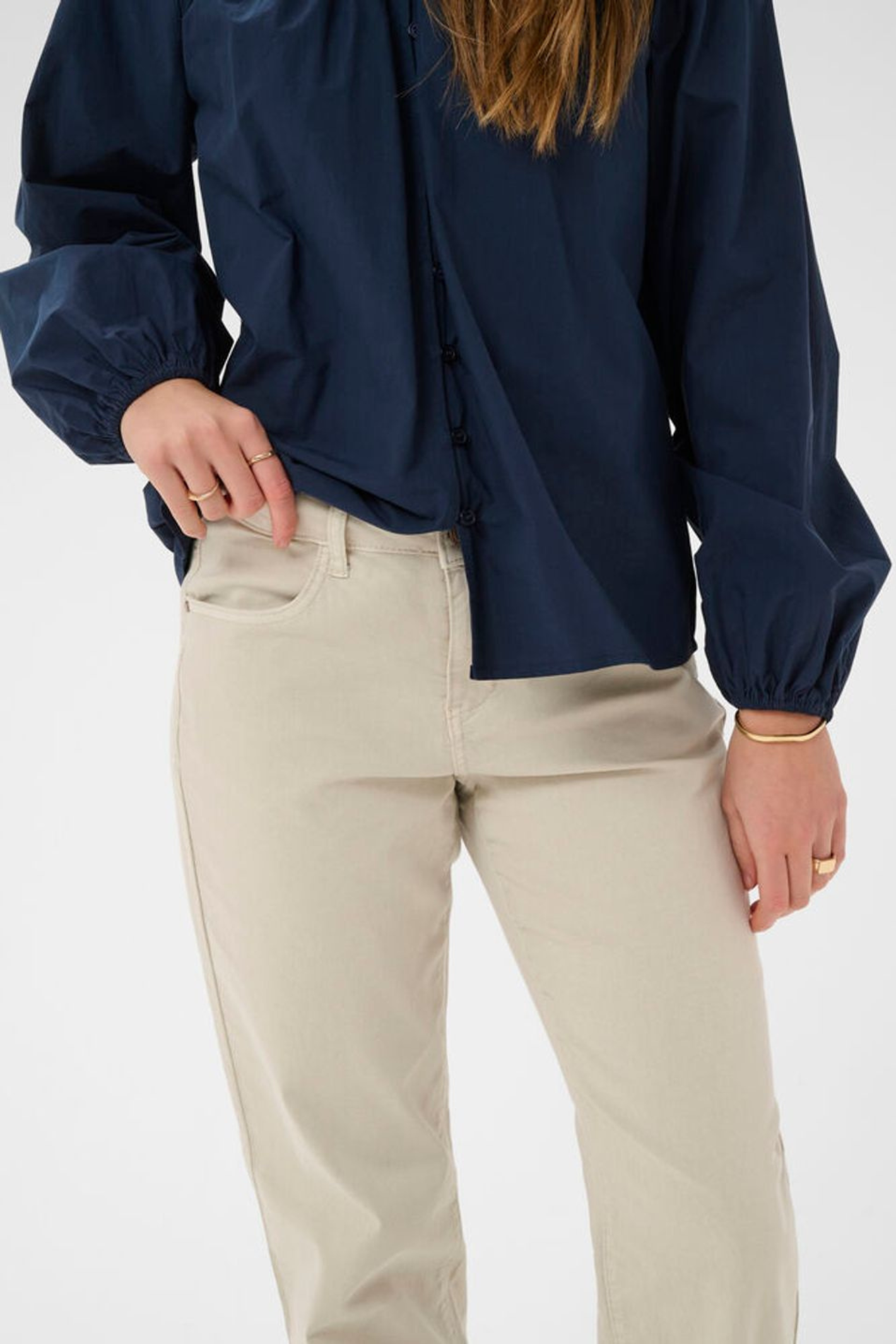 Straight leg twill jeans in oatmeal by Cream. Soft stretch, comfortable fit and easy to style for everyday wear. Shop now at Dotique.