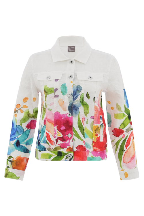 Dolcezza Floral Print Linen Jacket 26705 by Dolcezza features a vibrant multicolor botanical design on white linen, shop Dolcezza at Dotique.