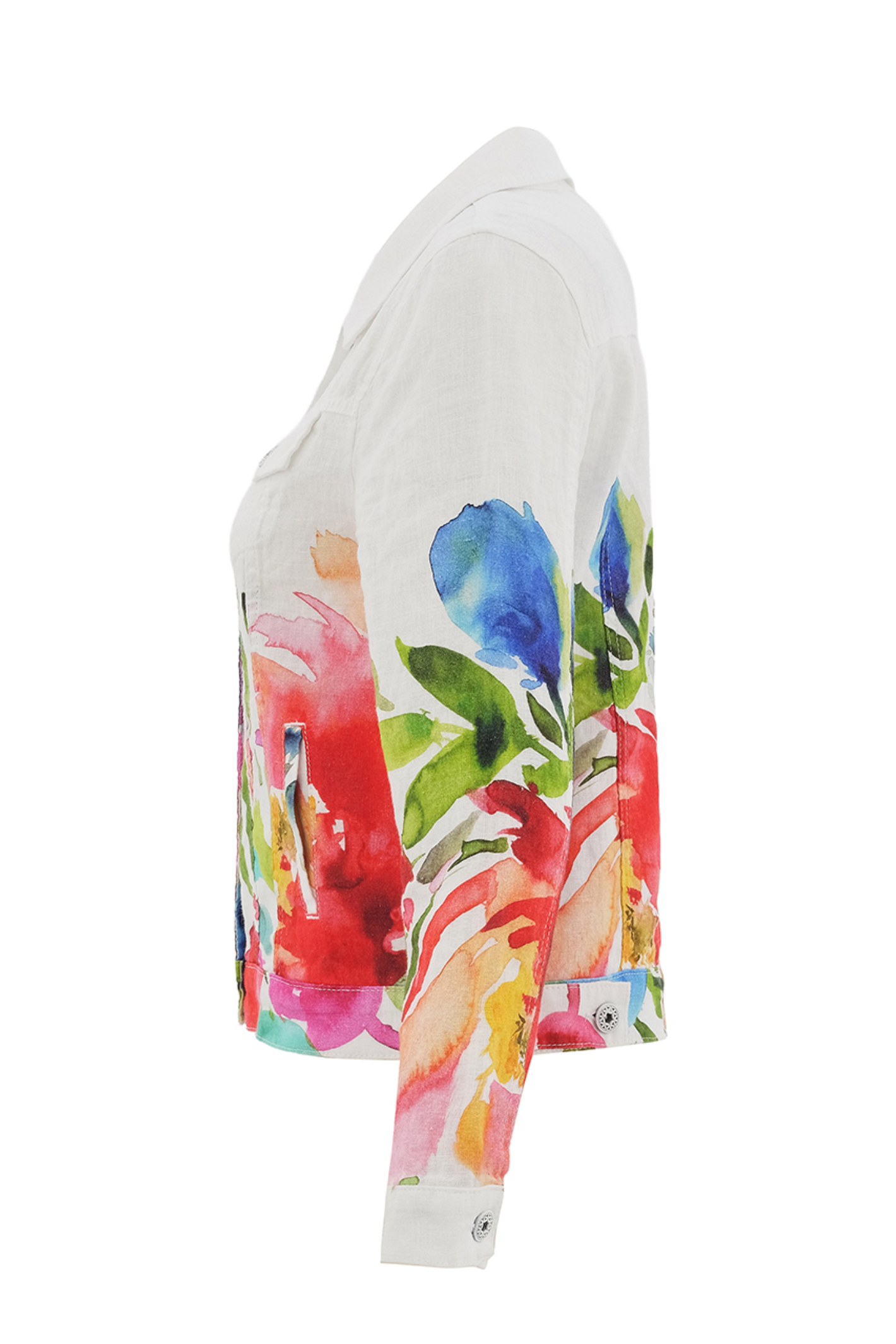 Side view of Dolcezza Floral Print Linen Jacket 26705 by Dolcezza featuring colorful watercolor floral design on white linen, shop Dolcezza at Dotique.